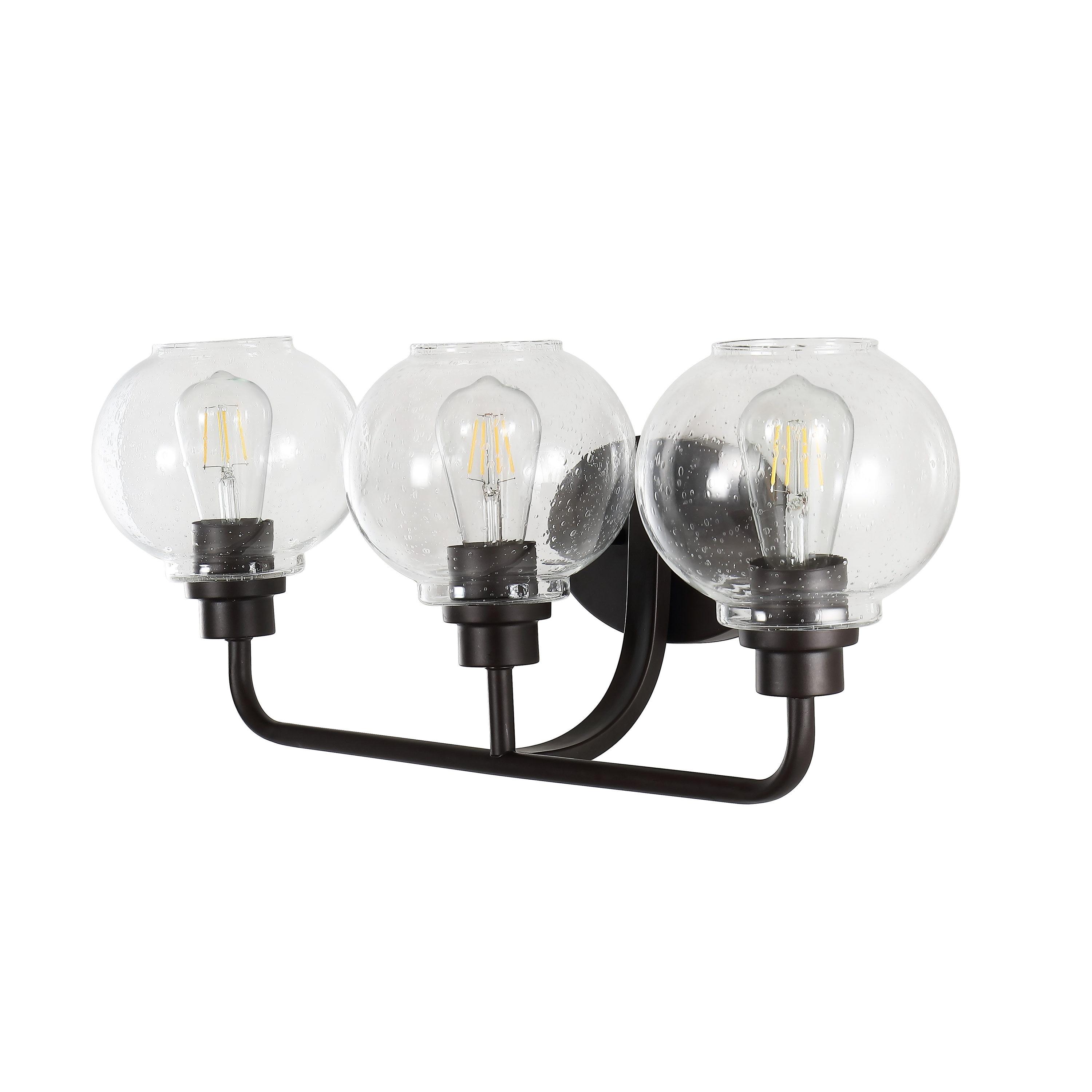 JONATHAN Y Sandrine 26.25" 3-Light Iron/Seeded Glass Cottage Rustic LED Vanity Light, Oil Rubbed Bronze