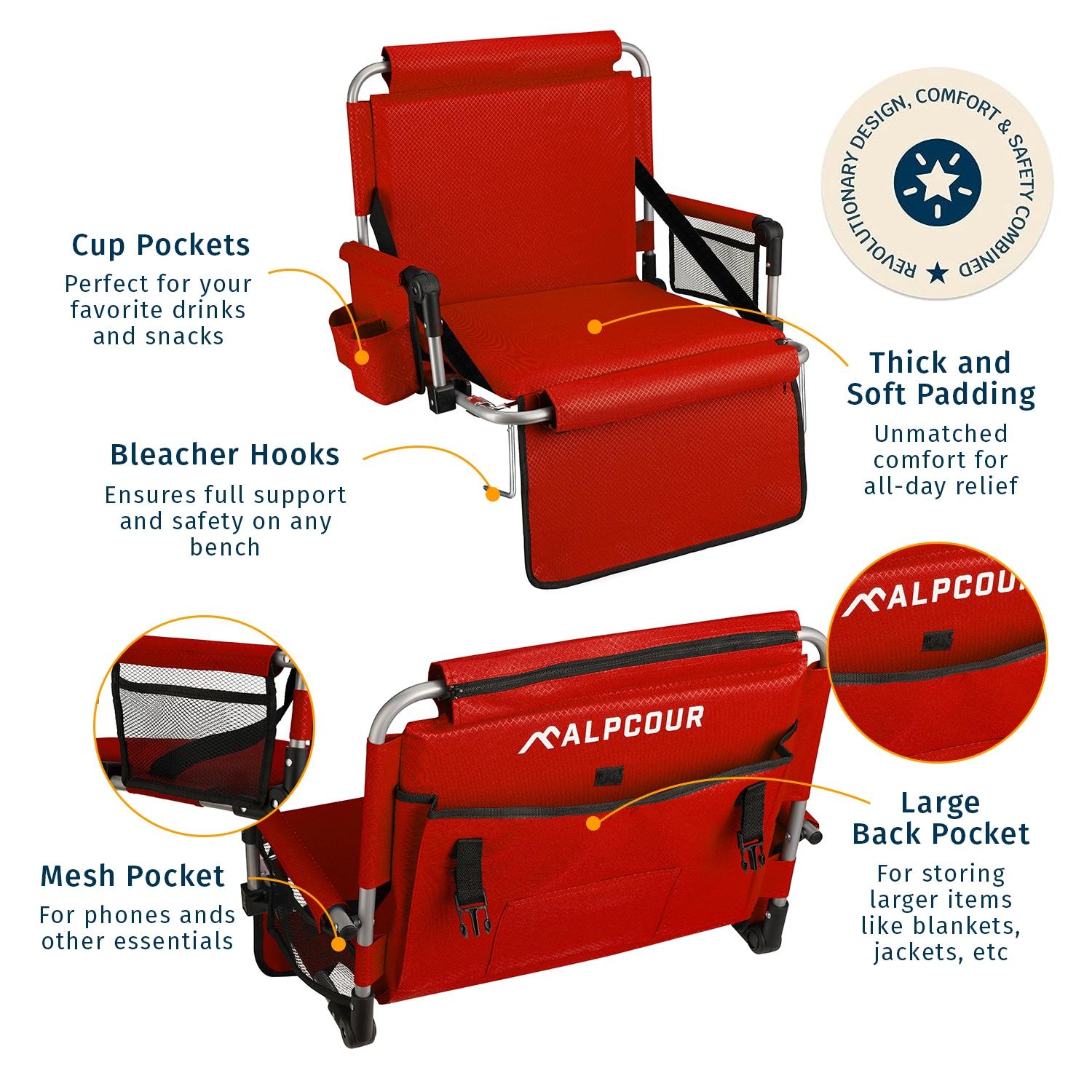 Alpcour Stadium Seat - Foldable, Padded Bleacher Chair with Backrest, Armrest, Pockets, & Cup Holder - Red