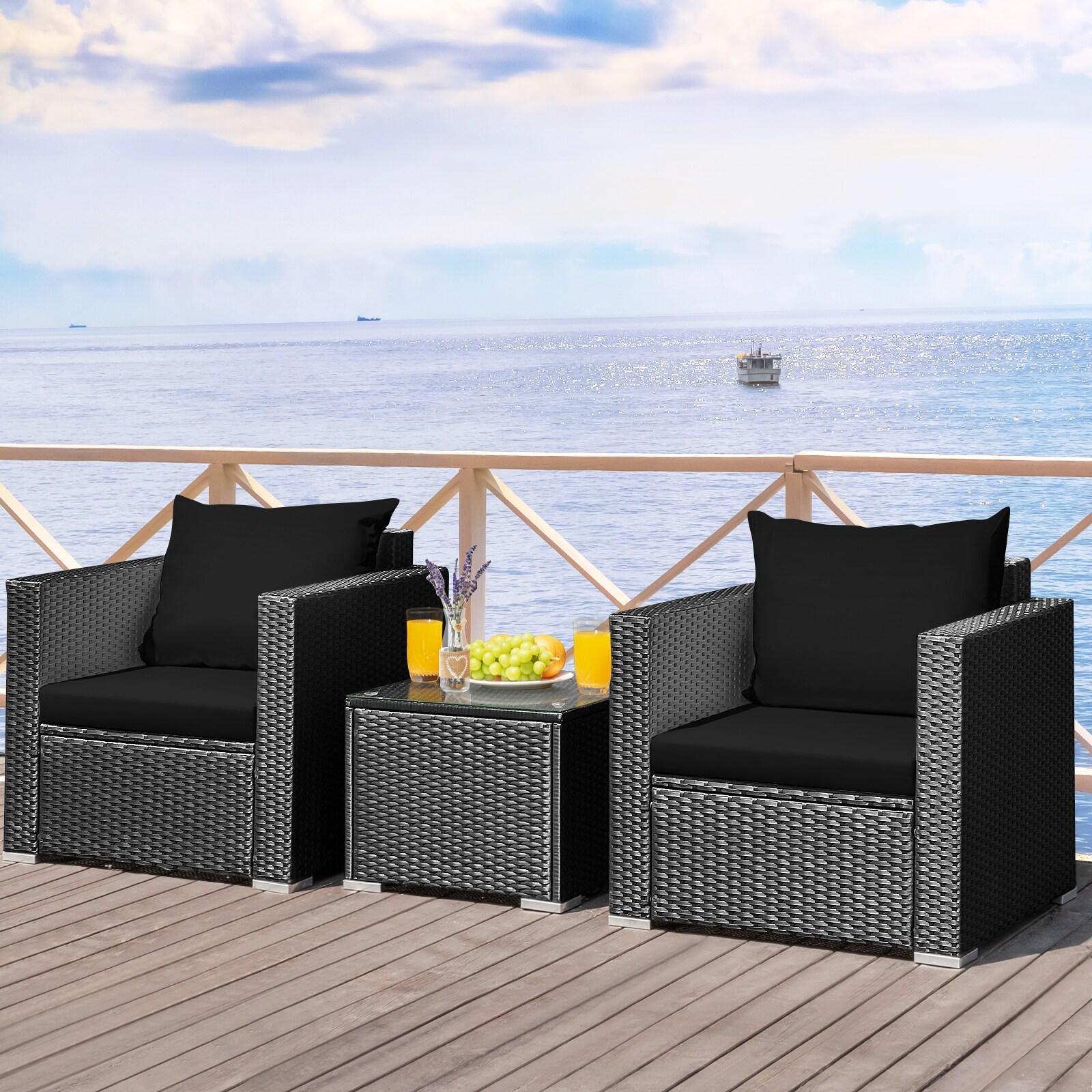 Resenkos 3 Pieces Patio Wicker Conversation Set, Outdoor Furniture Garden Conversation Bistro Sets with Coffee Table and Cushions-Black