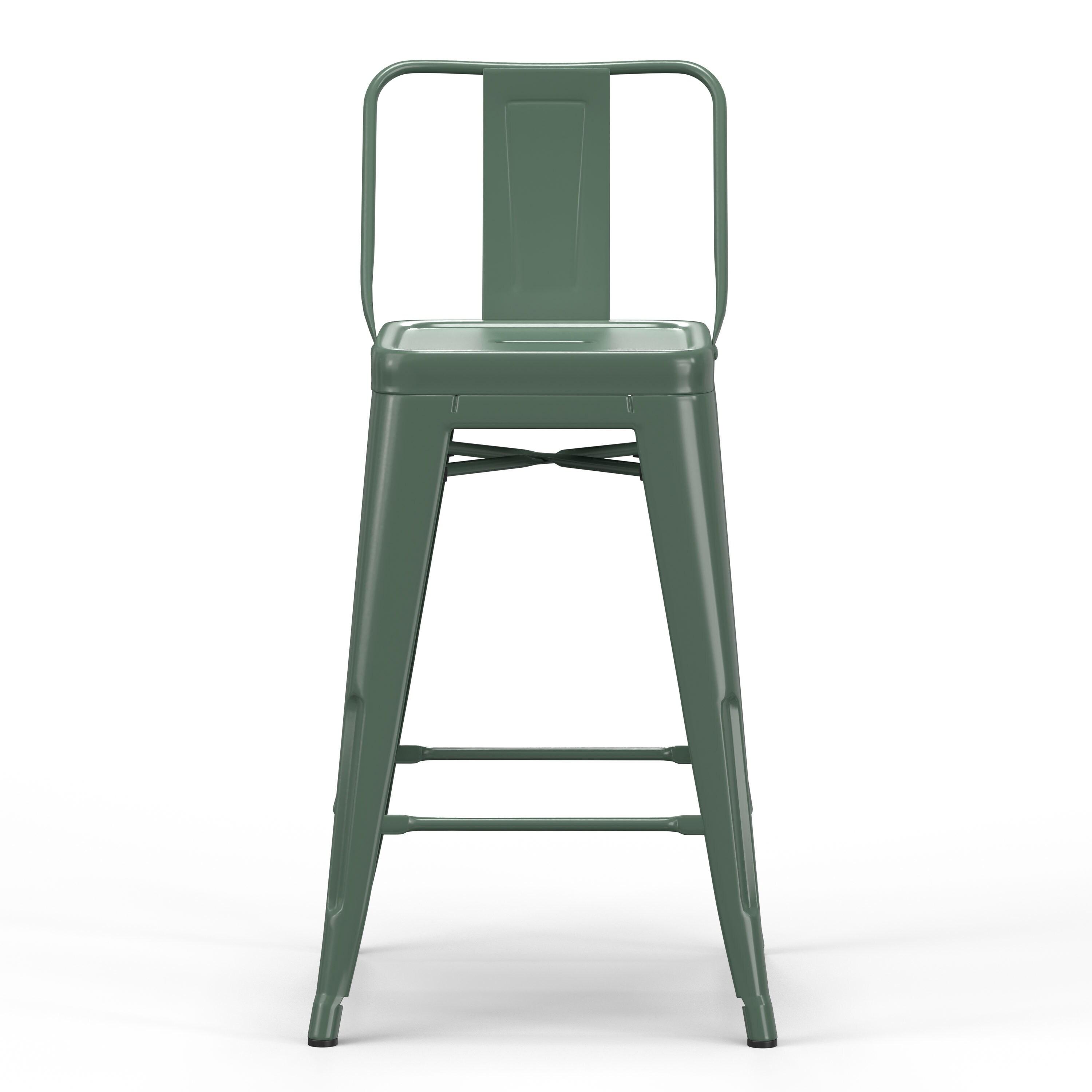 Simpli Home Rayne Metal Industrial Stool with Curved Back, Cross-Brace, and Footrest