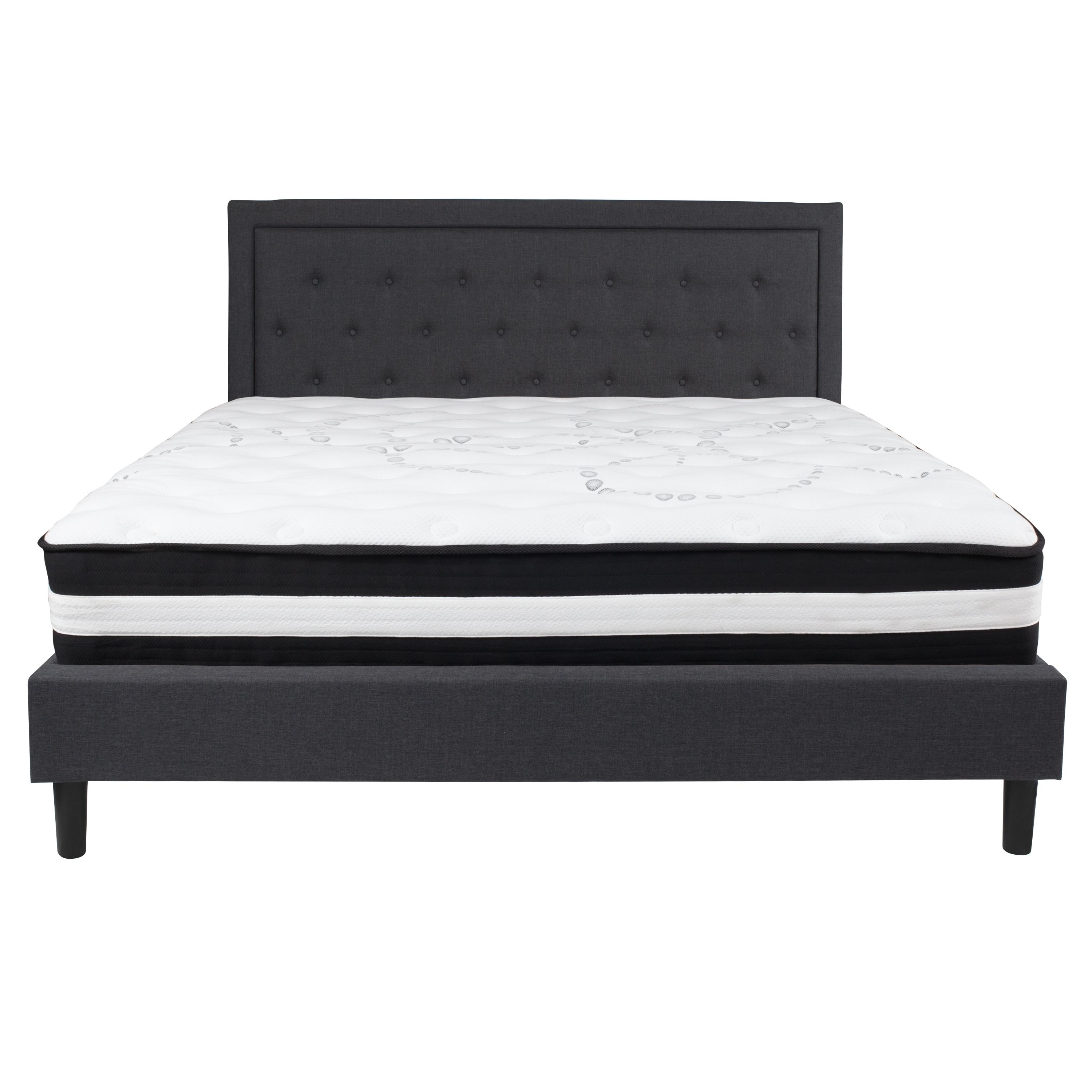 Flash Furniture Roxbury King Size Tufted Upholstered Platform Bed in Dark Gray Fabric with Pocket Spring Mattress