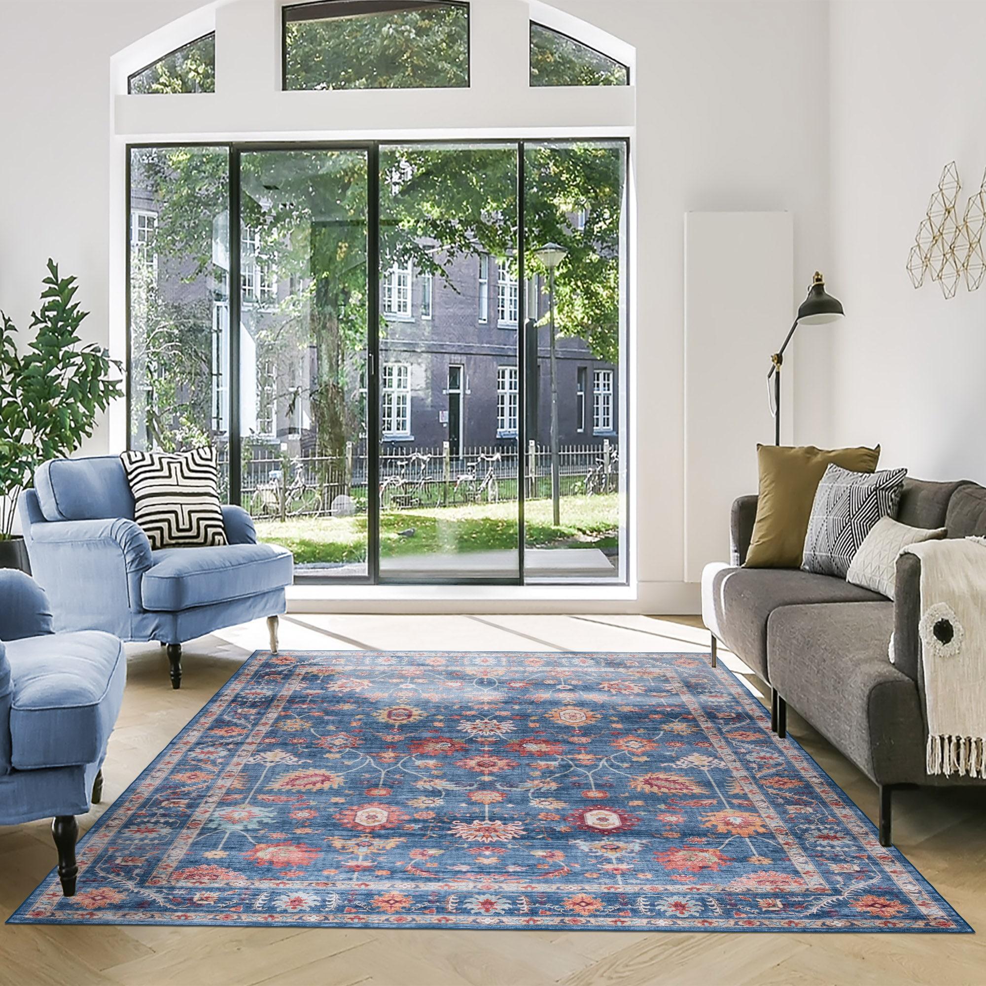 Gertmenian Crystal Print Cullen Navy Blue Multi Transitional Floral Border Washable Flat Pile Indoor Area Rug