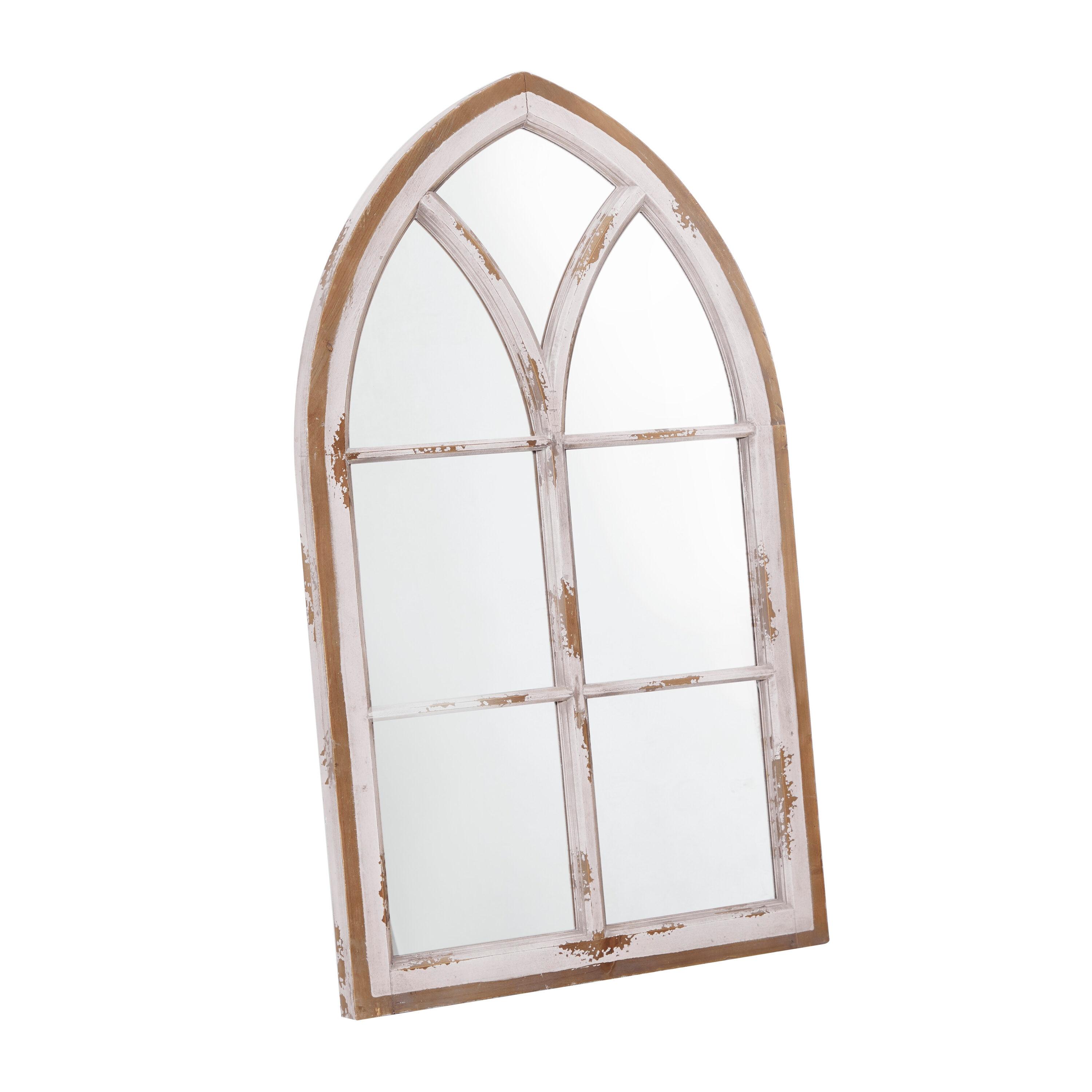 Wood Window Panes Inspired Wall Mirror with Arched Top and Distressing White/Brown - Olivia & May: Cathedral Style, Antiqued Finish