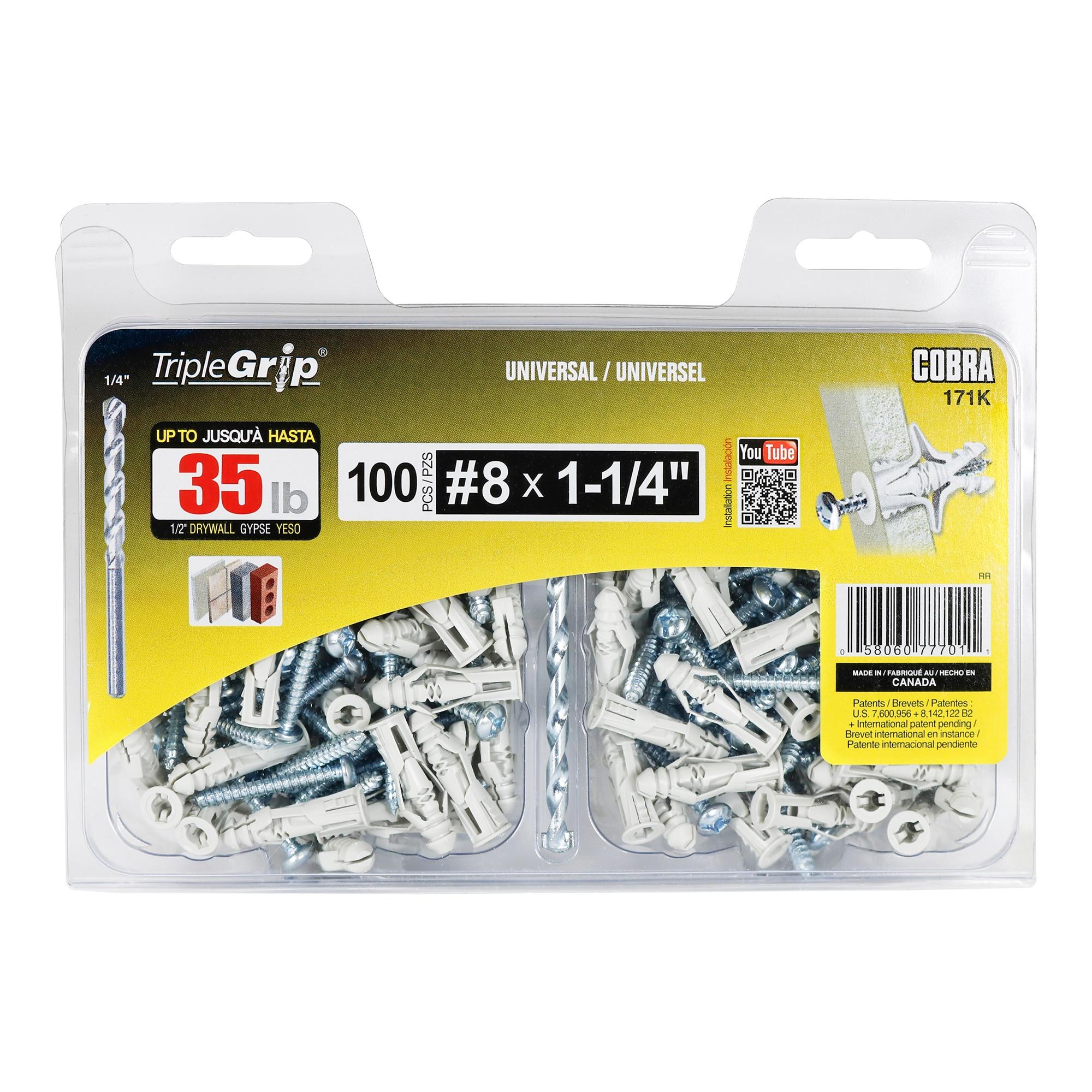 Gray Ribbed Plastic Wall Anchors with Screws - 100 Pack