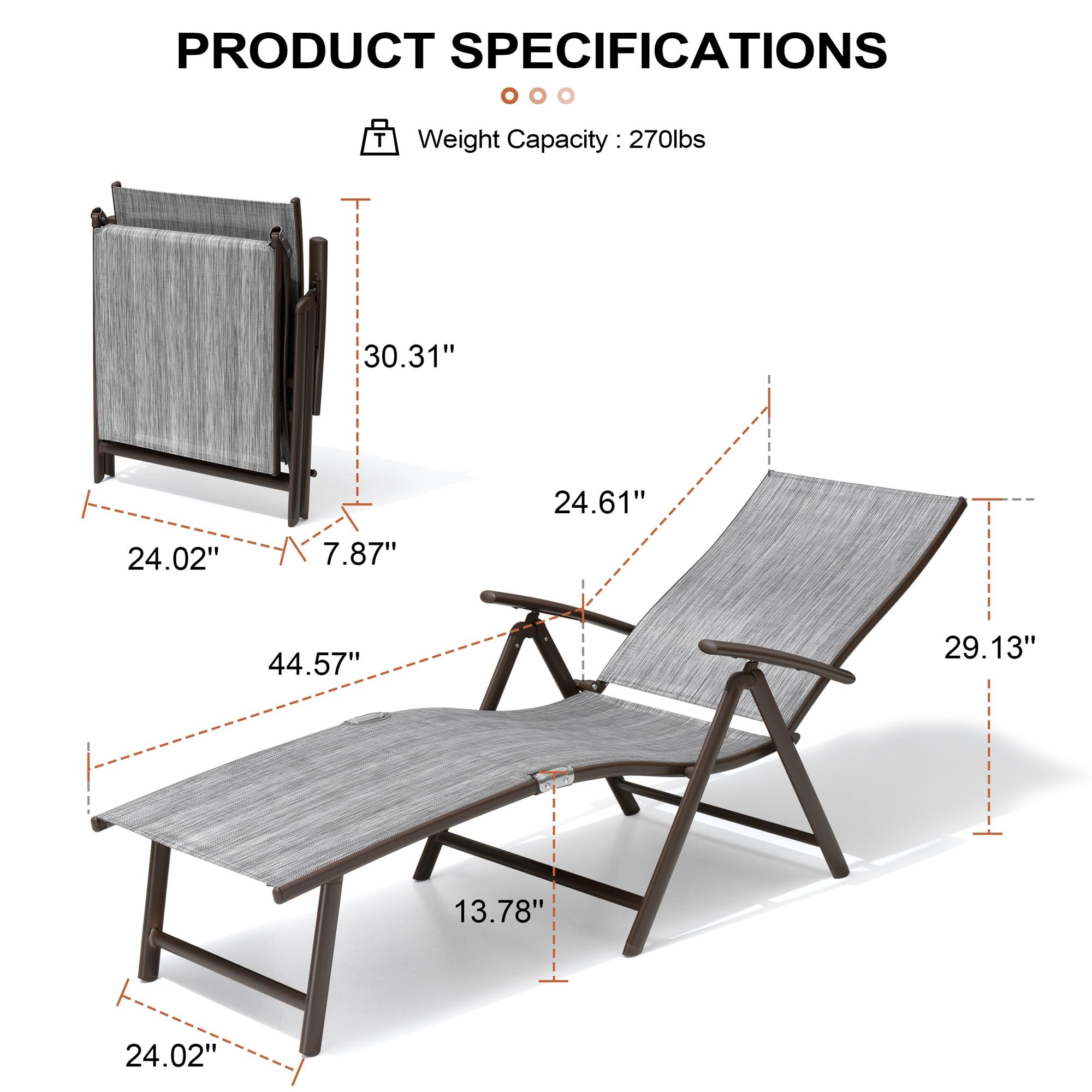 Crestlive Products Outdoor Aluminum Folding Patio Chaise Lounge Chair, Dark Gray