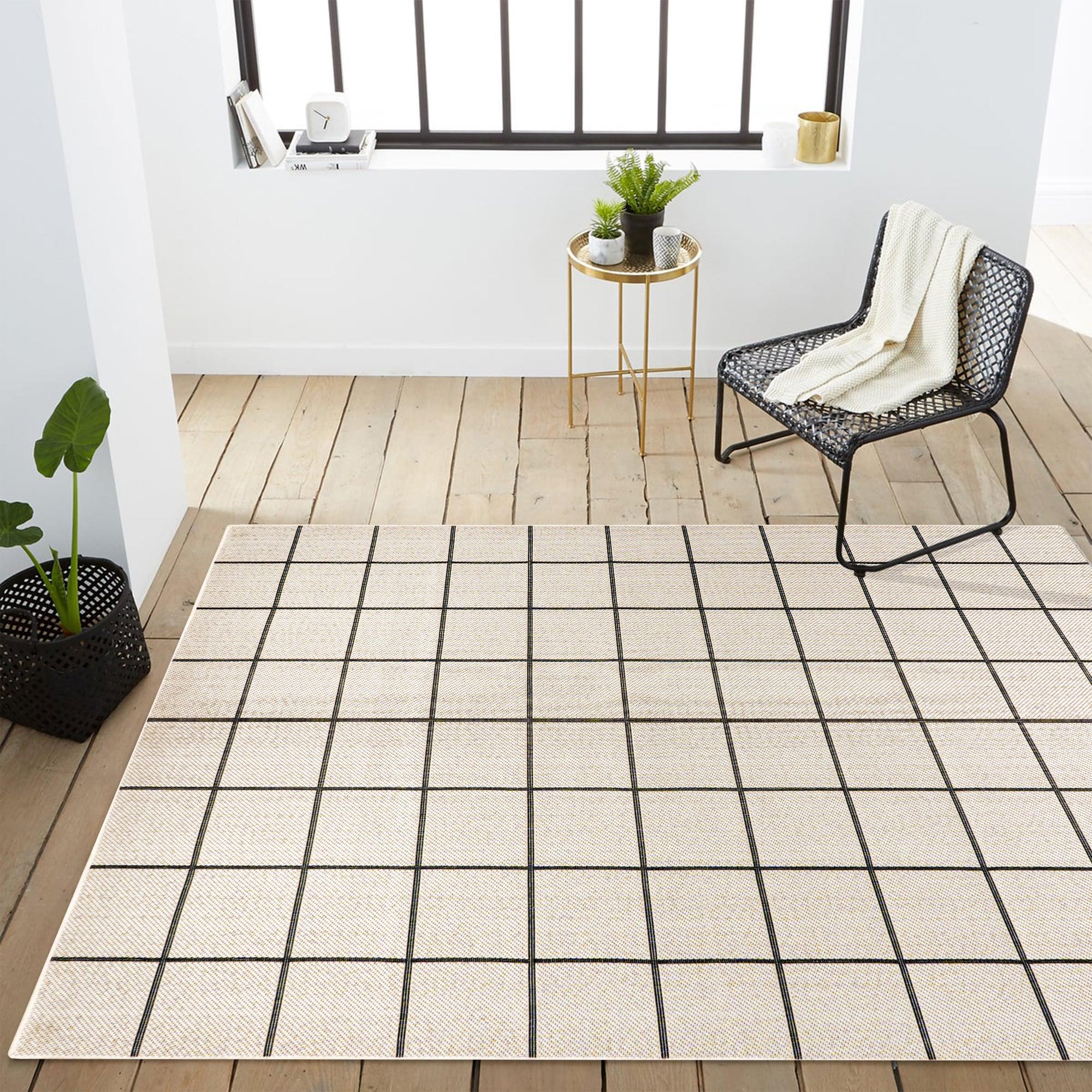 3' x 5' Grid Modern Squares Indoor/Outdoor Area Rug, Cream/Black - JONATHAN Y