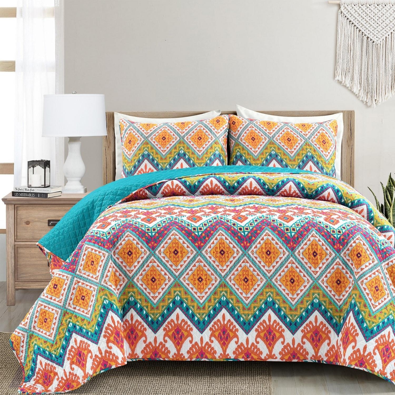 Boho Turquoise/Orange/Purple Standard Cotton Reversible 3 Piece Quilt Set