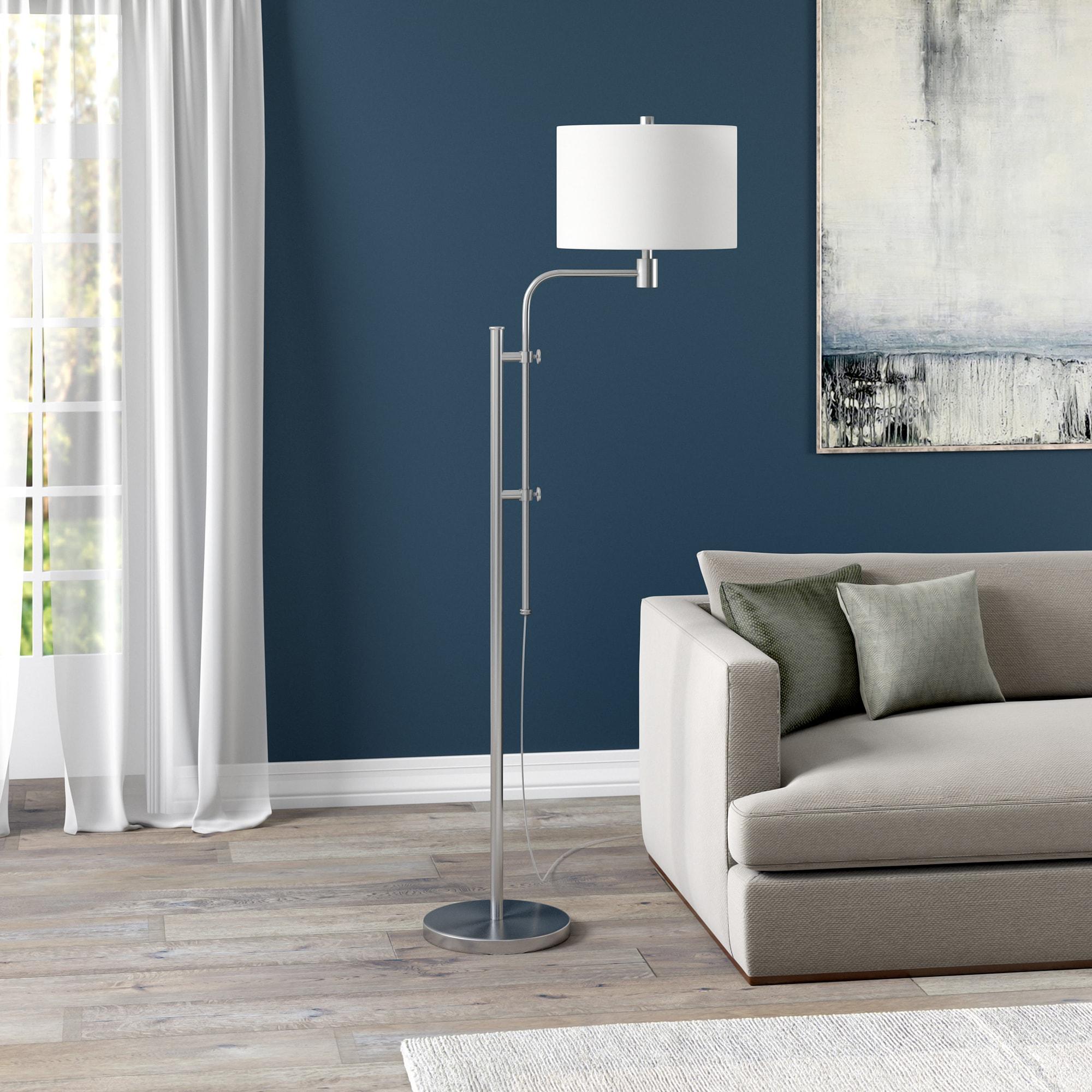 Evelyn&Zoe Polly Height-Adjustable Floor Lamp with Fabric Shade, Brushed Nickel/White