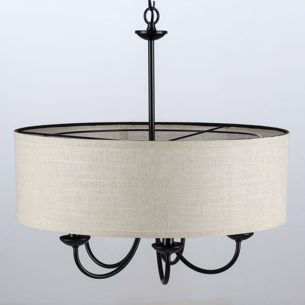 Progress Lighting, Drum Shade Collection, 5-Light Pendant, Black Finish, Harvest Linen Shade