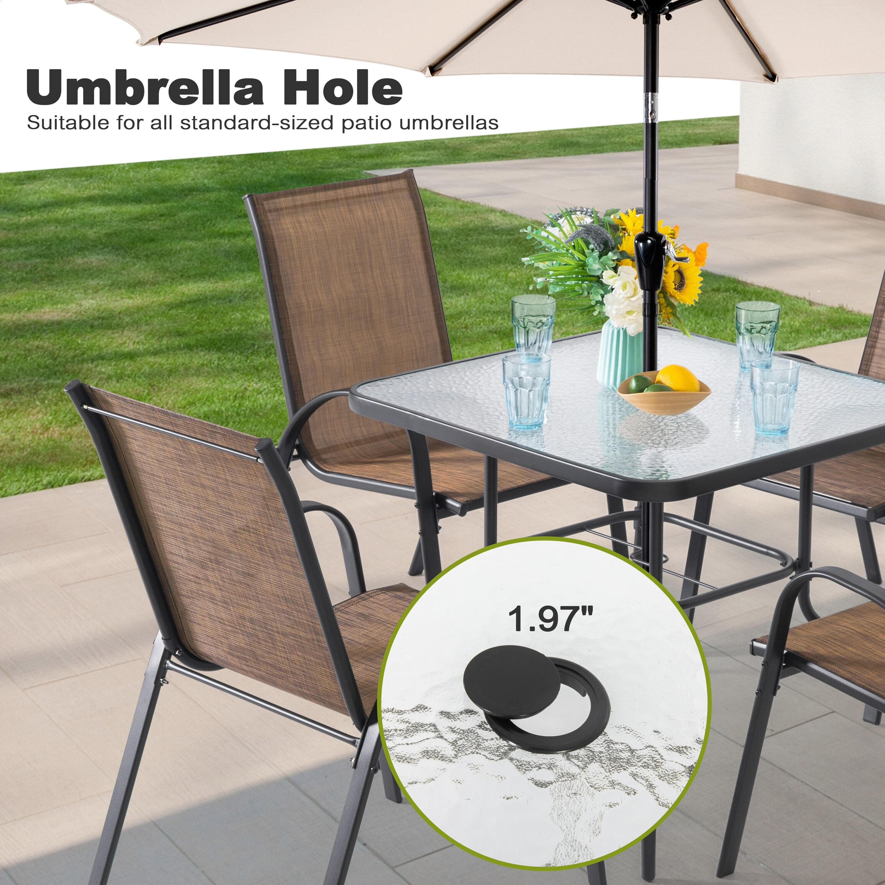 Square Outdoor Table, Patio Table with Umbrella Hole, Patio Dining Table with Tempered Glass, Outdoor Dining Tables, Square Patio Table for Balcony, Backyard, Poolside, Sunroom, Patio Tables, Black