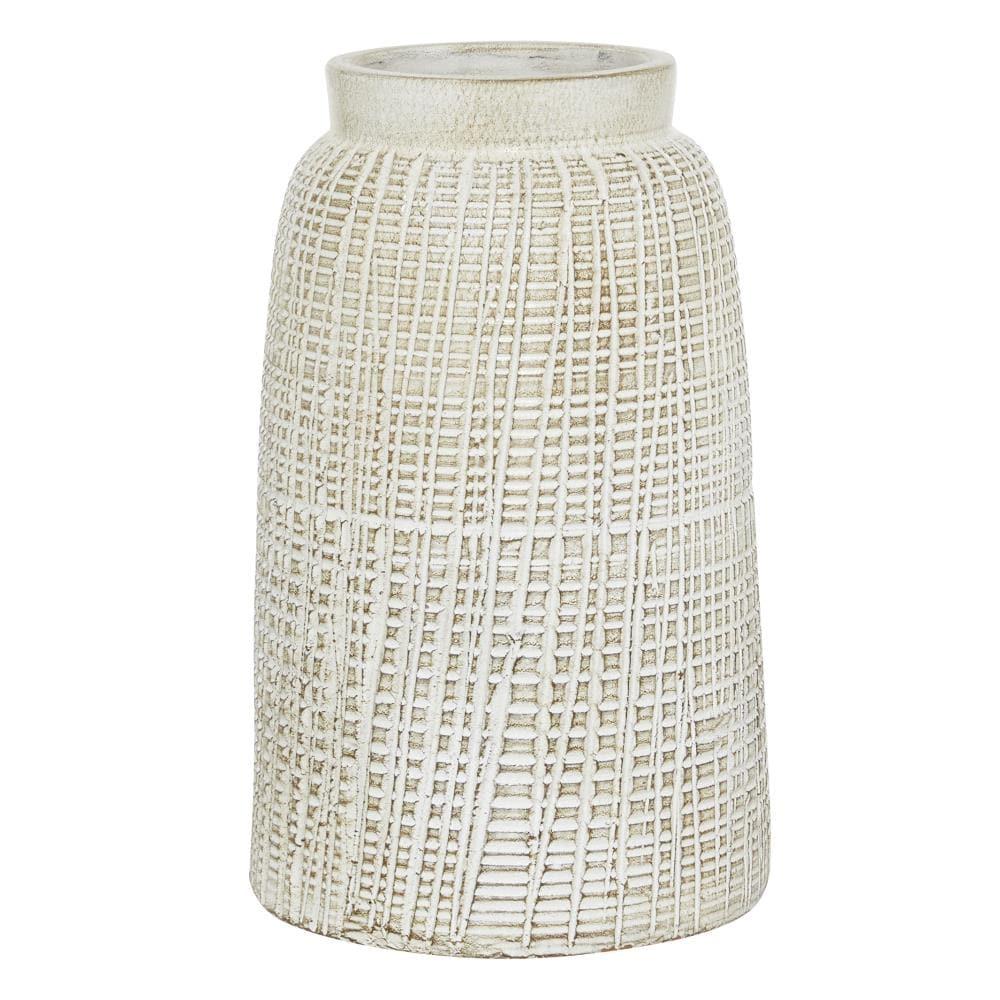 DecMode 11" Carved White Ceramic Vase with Crosshatch Design