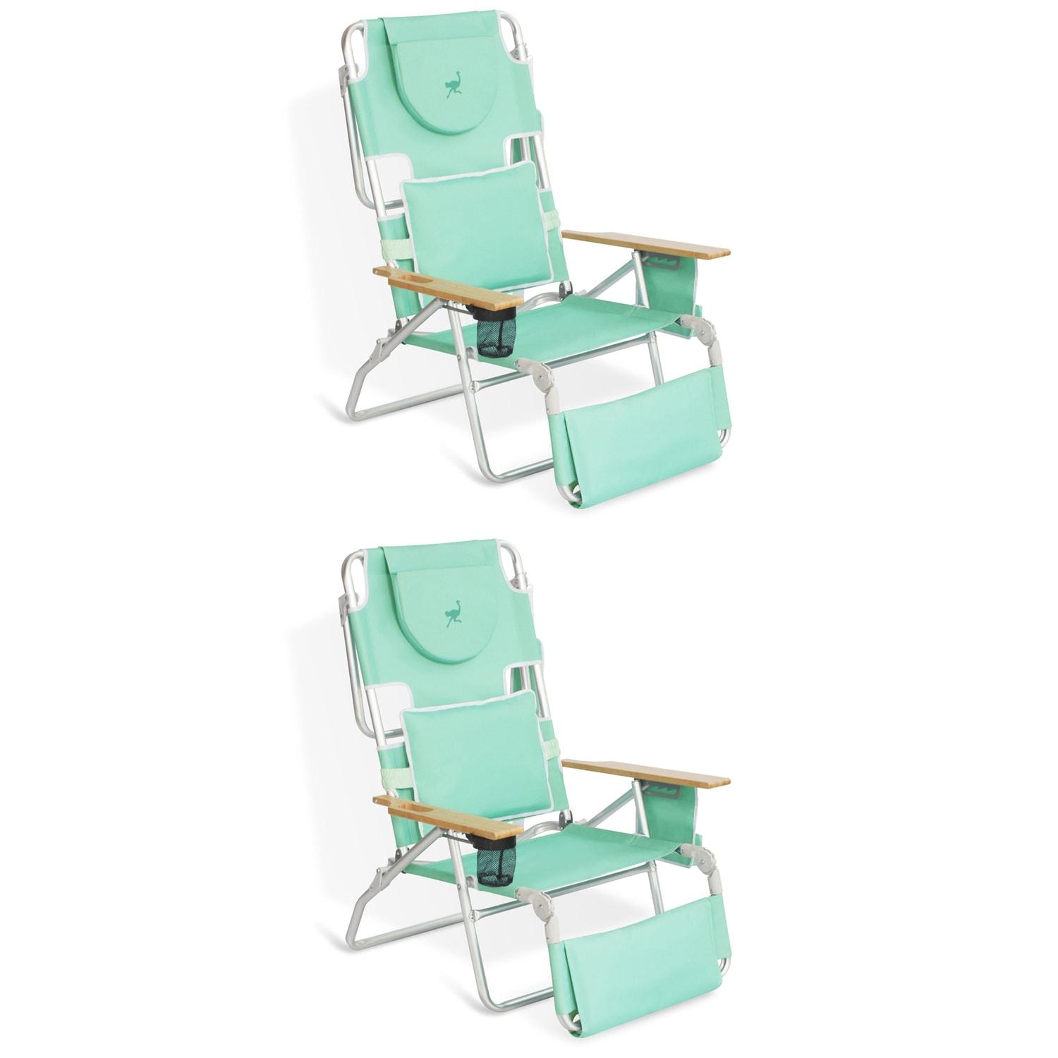 Ostrich Deluxe Padded 3-N-1 Lightweight Portable Adjustable Outdoor Folding Chair for Lawn Beach Lake Camping Lounge with Footrest, Teal (2 Pack)