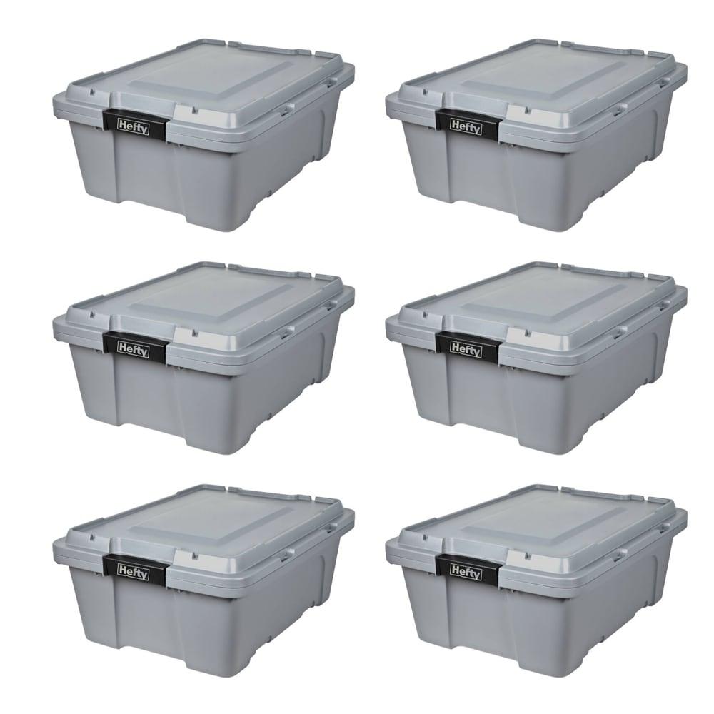 Hefty 12 gal Max Pro Plastic Utility Storage Tote, Gray, 6 Pack