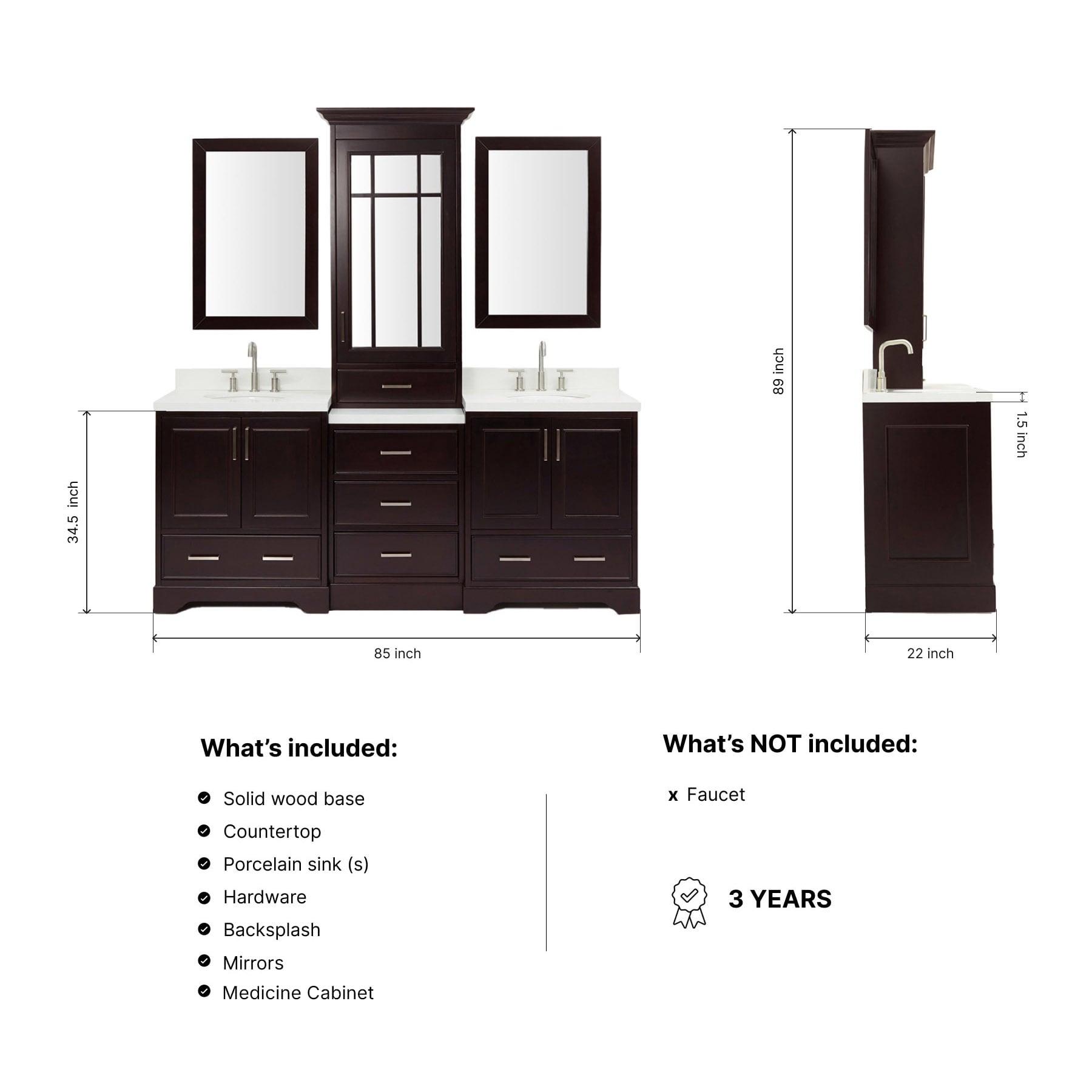 Ariel Stafford 85 in Double Sink Vanity Set in Espresso
