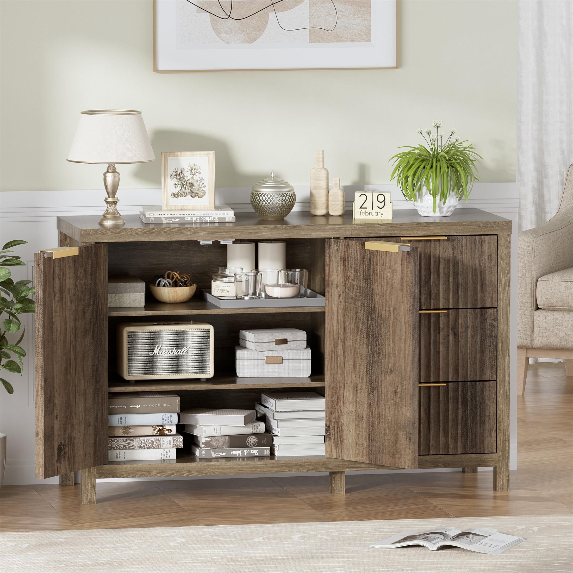 47" Brown MDF Wood Sideboard Buffet Cabinet with Grooved Doors and Drawers