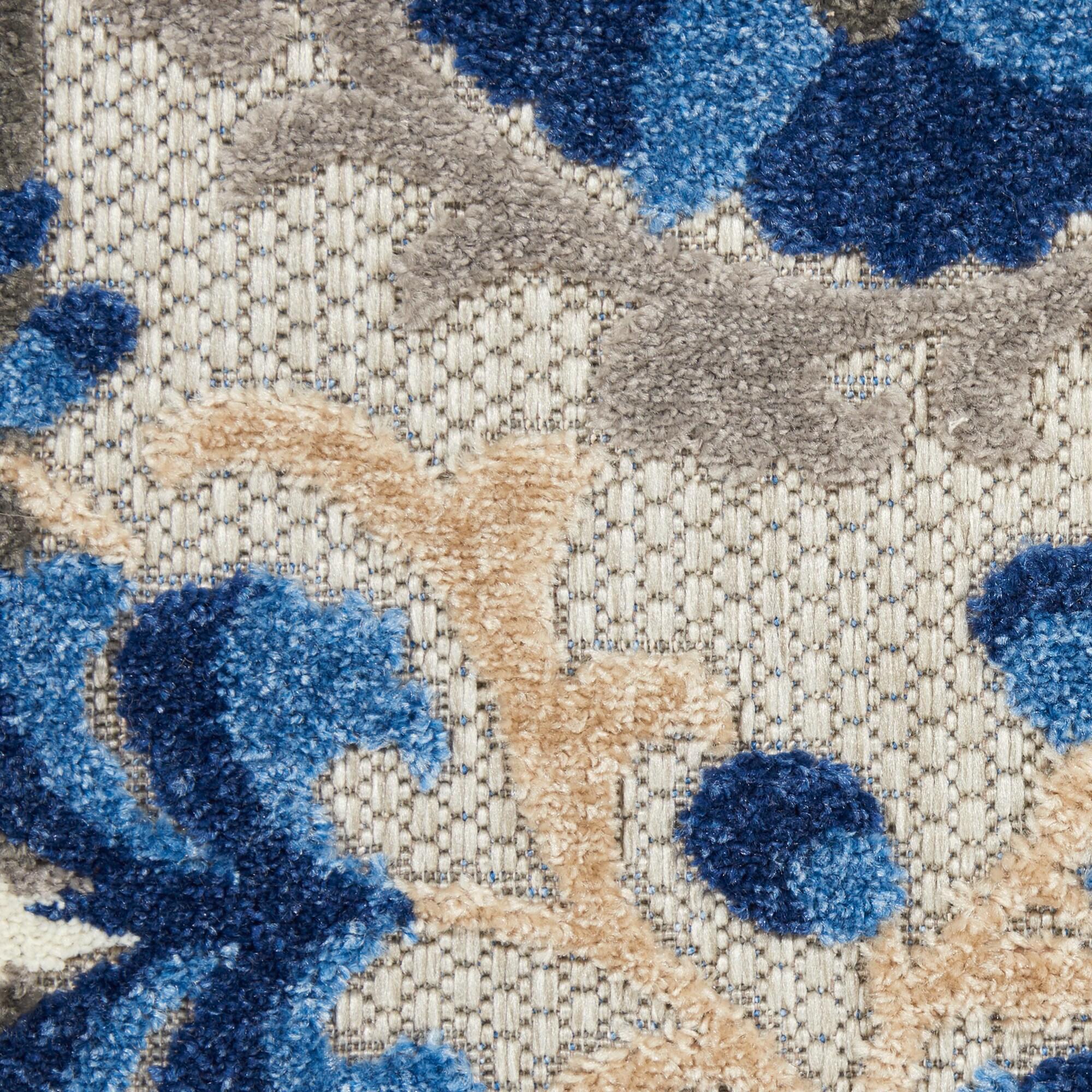 Nourison Aloha Floral Textured Flatweave High-Low Indoor Outdoor Round Rug Natural/Blue 5'3" x 5'3"
