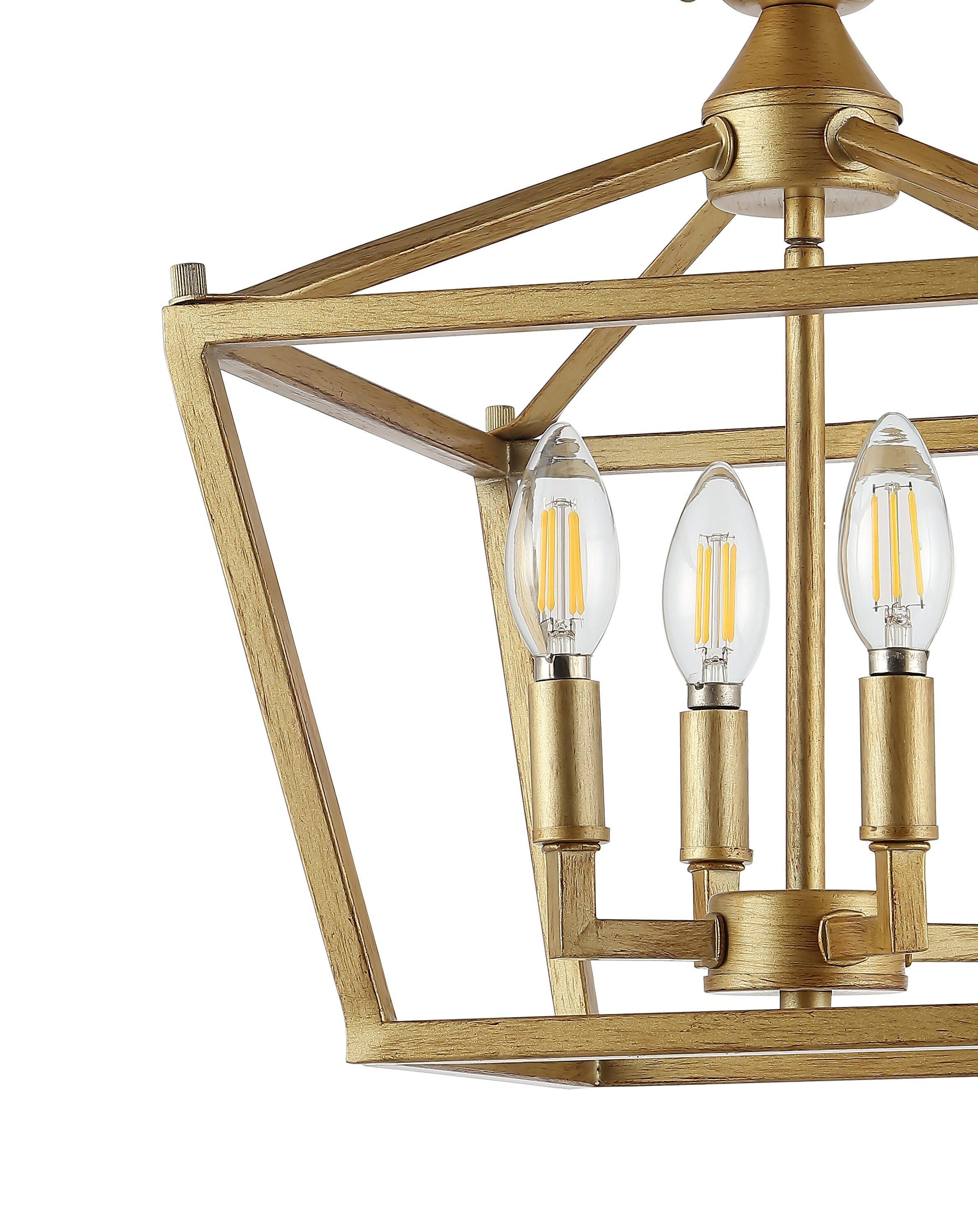 Plains Mini Lantern 12 in. 4-Light Brass Gold Iron Modern Farmhouse LED Flush Mount,