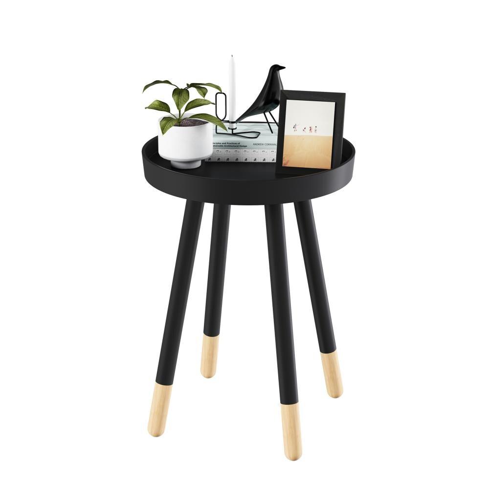 Hastings Home Round End Table – Wooden Stand with Tray Top, Black