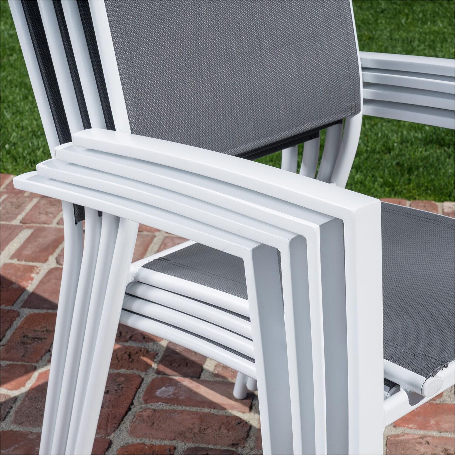 Hanover Conrad 5-Piece Compact Outdoor Dining Set | 4 Stackable Sling Chairs | Slat-Top Convertible Folding Table | Modern Design | Durable Aluminum Frame | White/Gray | CONDN5PC-WHT