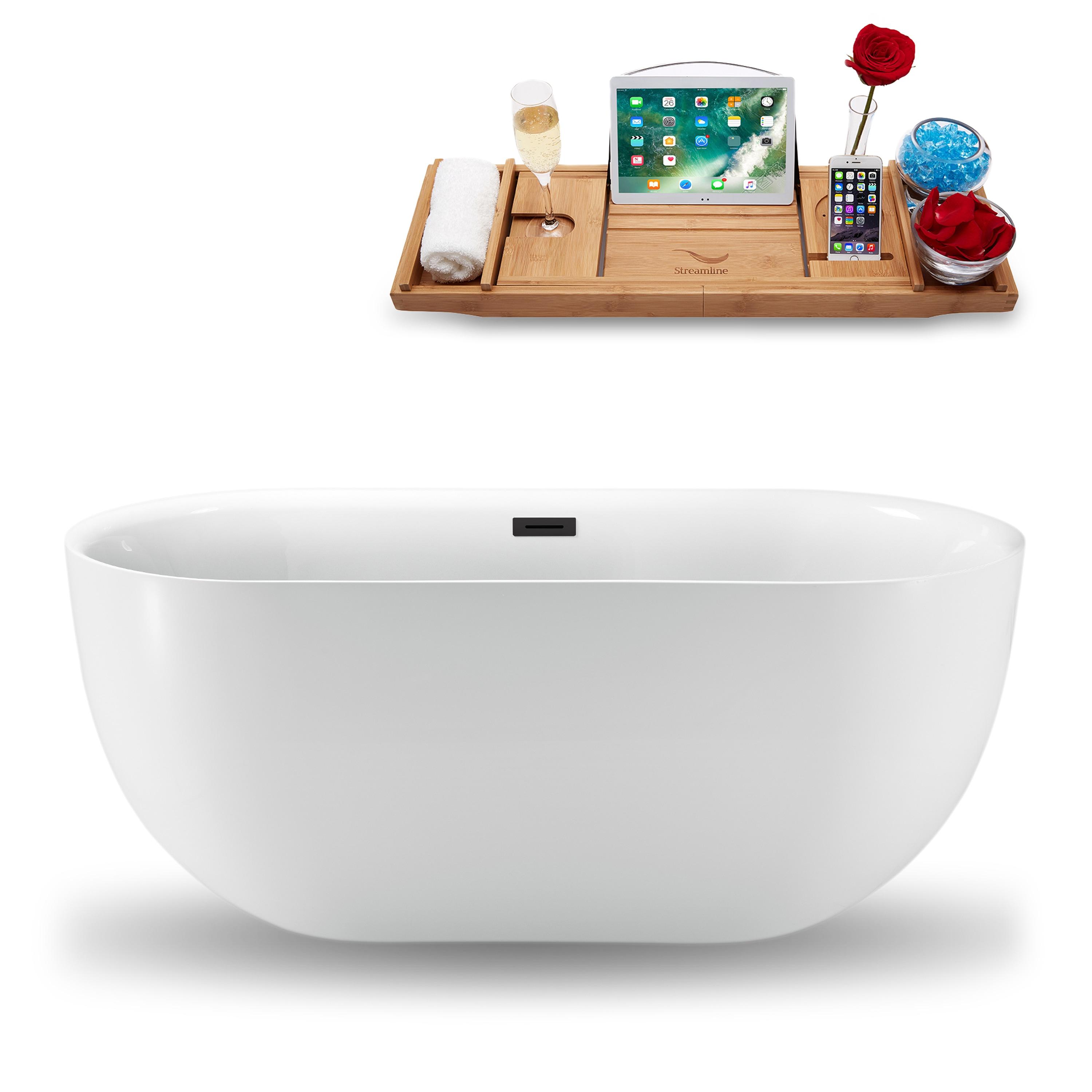 Streamline Bath 59" Streamline Freestanding Soaking Acrylic Bathtub With Drain and Bamboo Tray N1241BGM
