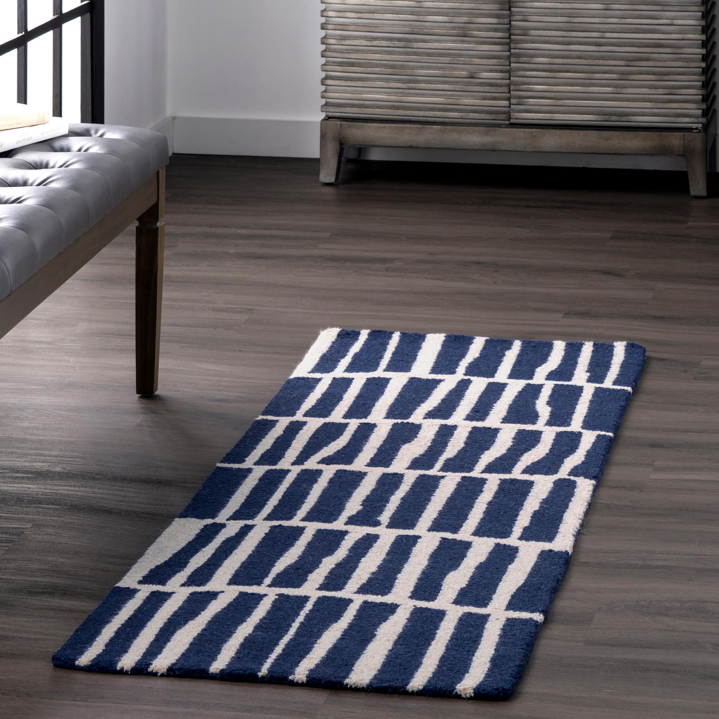 Nuloom Lemuel Geometric 2x6 Wool Runner Indoor Area Rug for Living Room Bedroom Dining Room Entryway Hallway Kitchen, Navy/Ivory