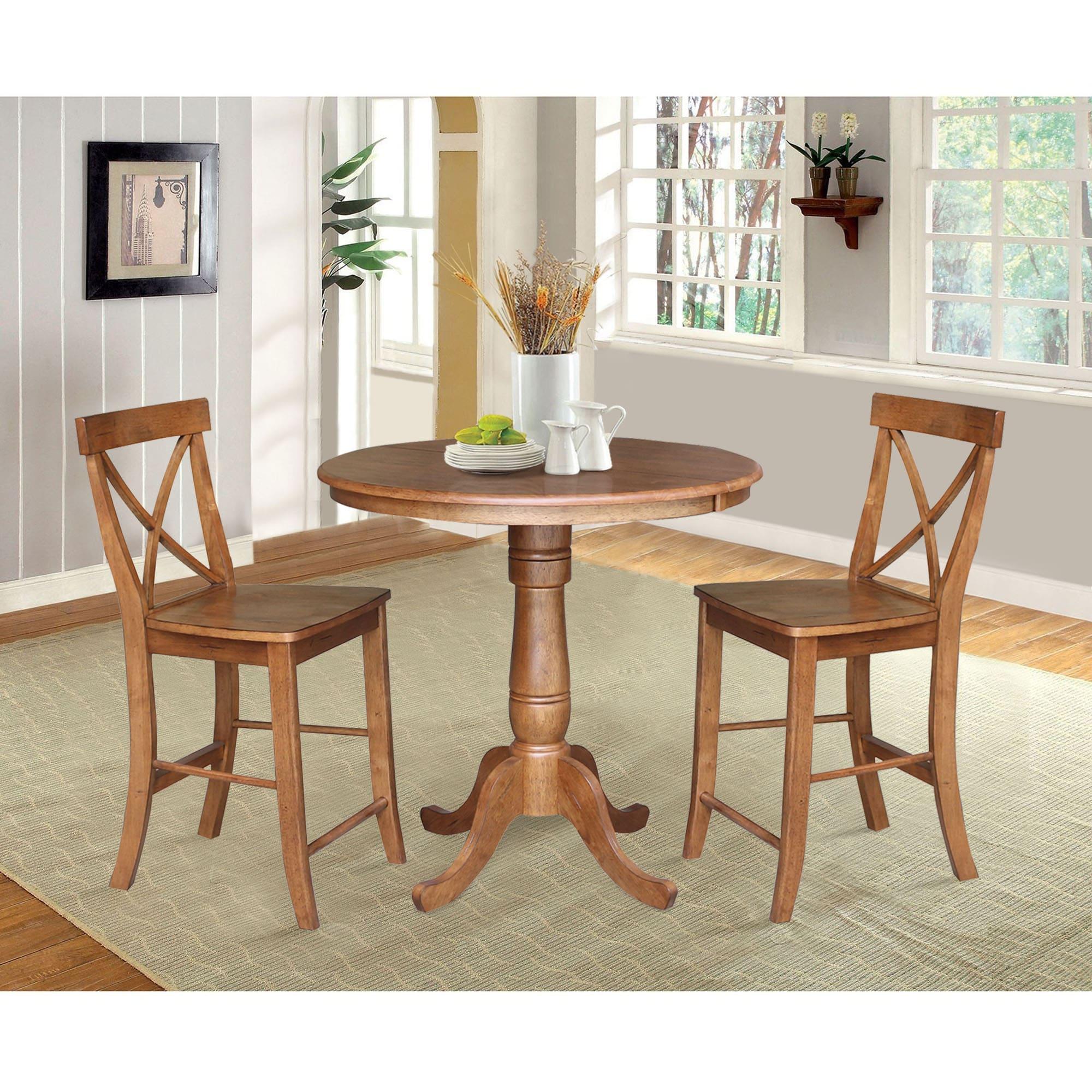 36" Round Solid Wood Extension Dining Table with 2 Stools in Distressed Oak by International Concepts