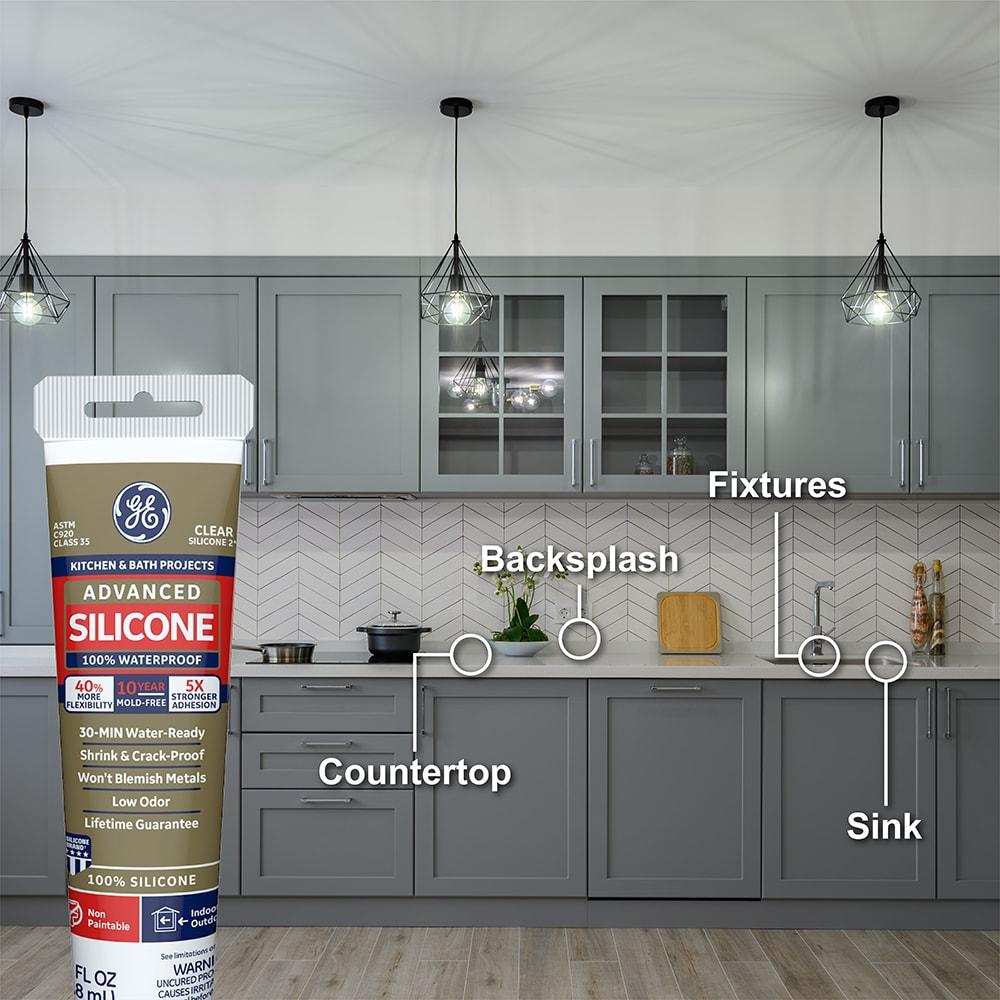 GE Advanced Silicone Kitchen & Bath Sealant, Pack of 1, Clear 2.8 fl oz Tube