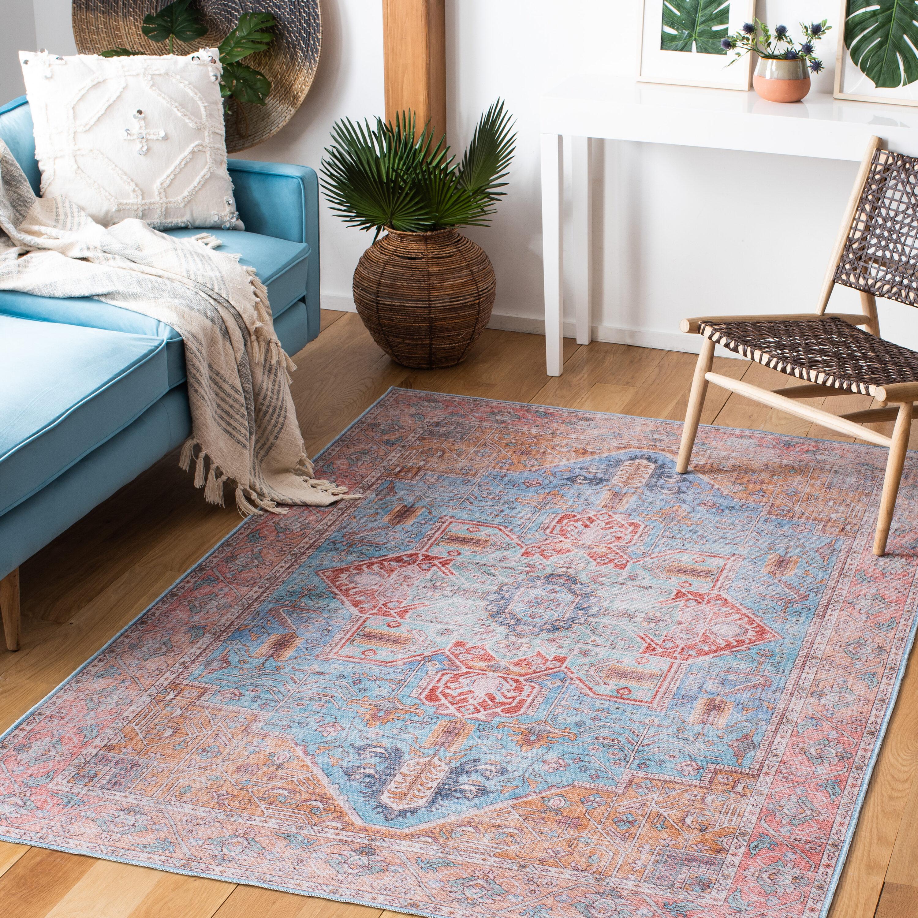 Blue and Rust Rectangular Washable Viscose Chenille Area Rug 9' x 12'