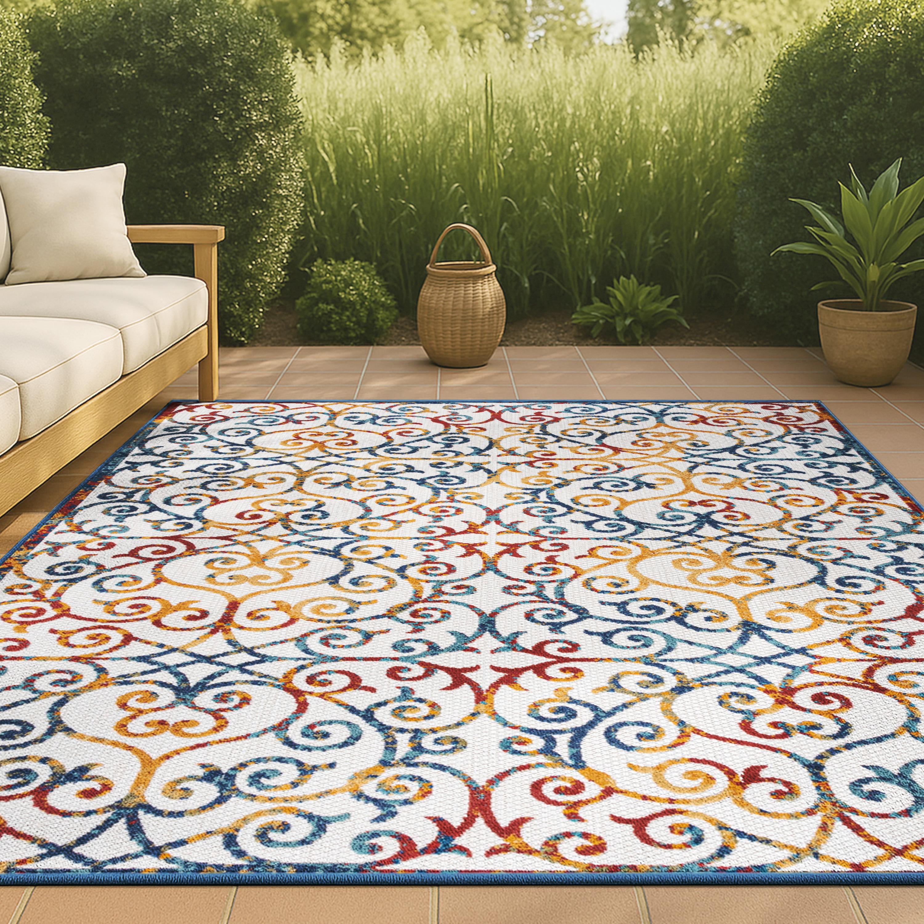 3'x5' Atrani Scroll Trellis Indoor/Outdoor Area Rug, Cream/Blue/Red - JONATHAN Y