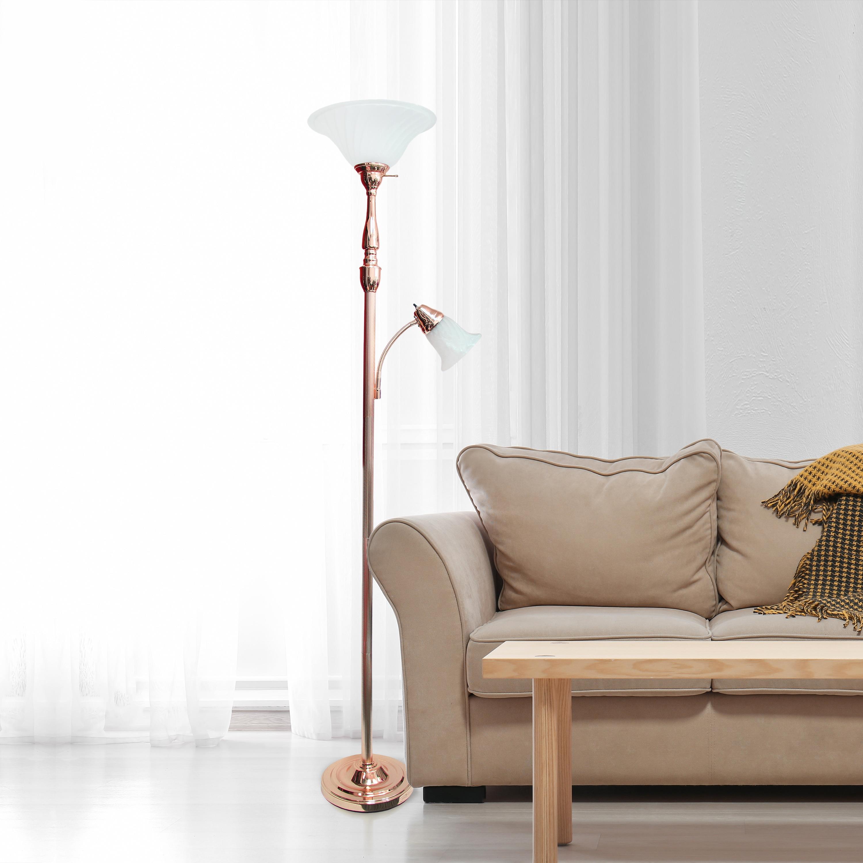Torchiere Floor Lamp with Reading Light and Marble Glass Shade Rose Gold - Lalia Home: Adjustable, UL Listed, Metal Base