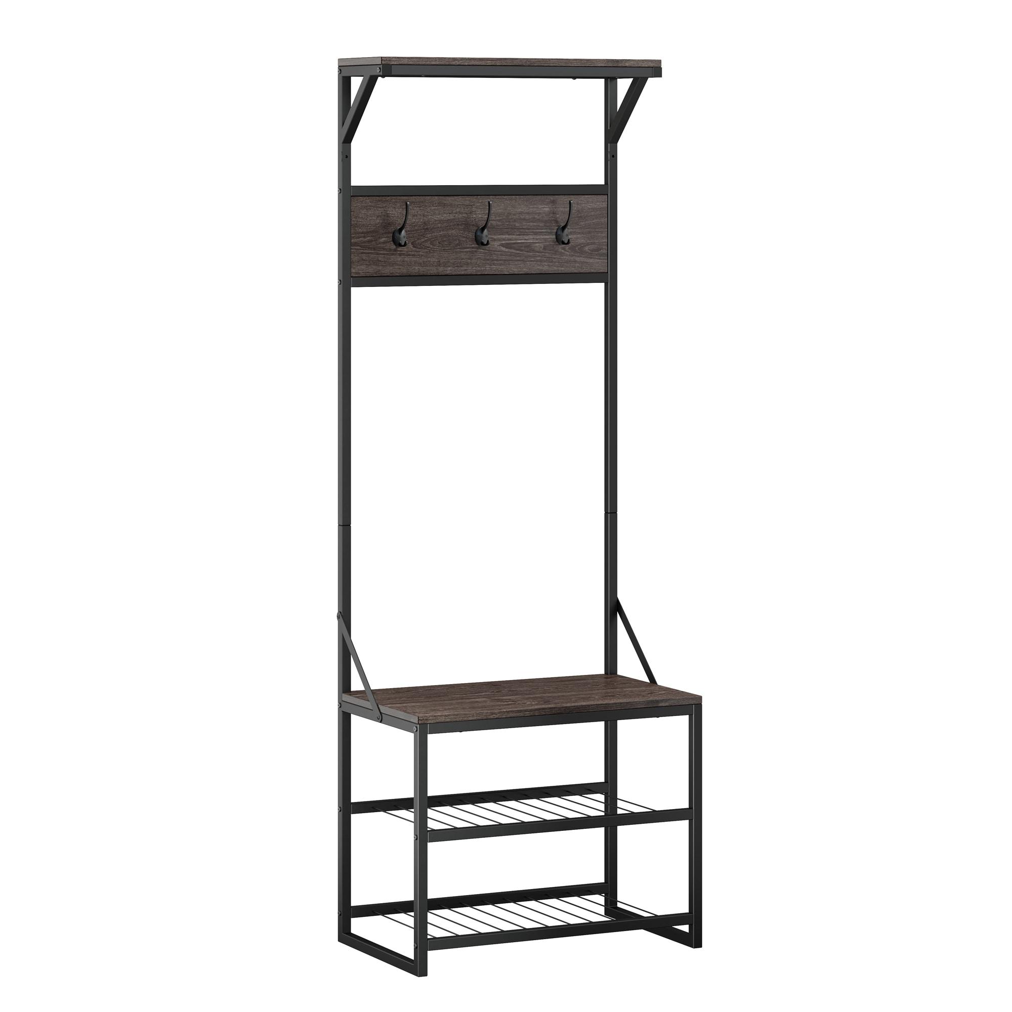 RiverRidge Afton Hall Tree Shoe Storage Organizer Cabinet with Hooks and Top Storage Shelf Entryway Bench Seat - Weathered Woodgrain and Black Metal Frame