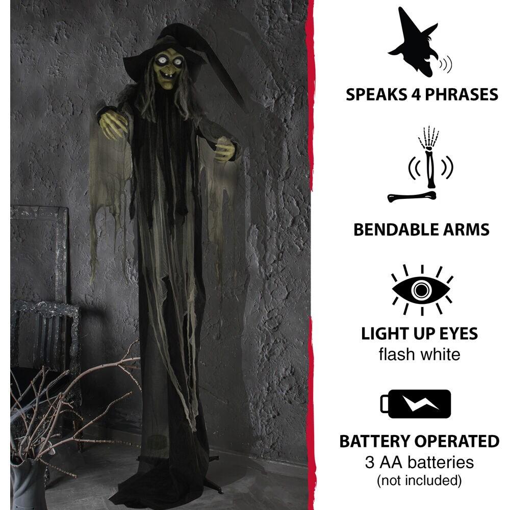 Haunted Hill Farm 9.5-Ft. Animatronic Witch, Indoor or Covered Outdoor Halloween Decoration, Light-up White Eyes, HHWITCH-16FLSA