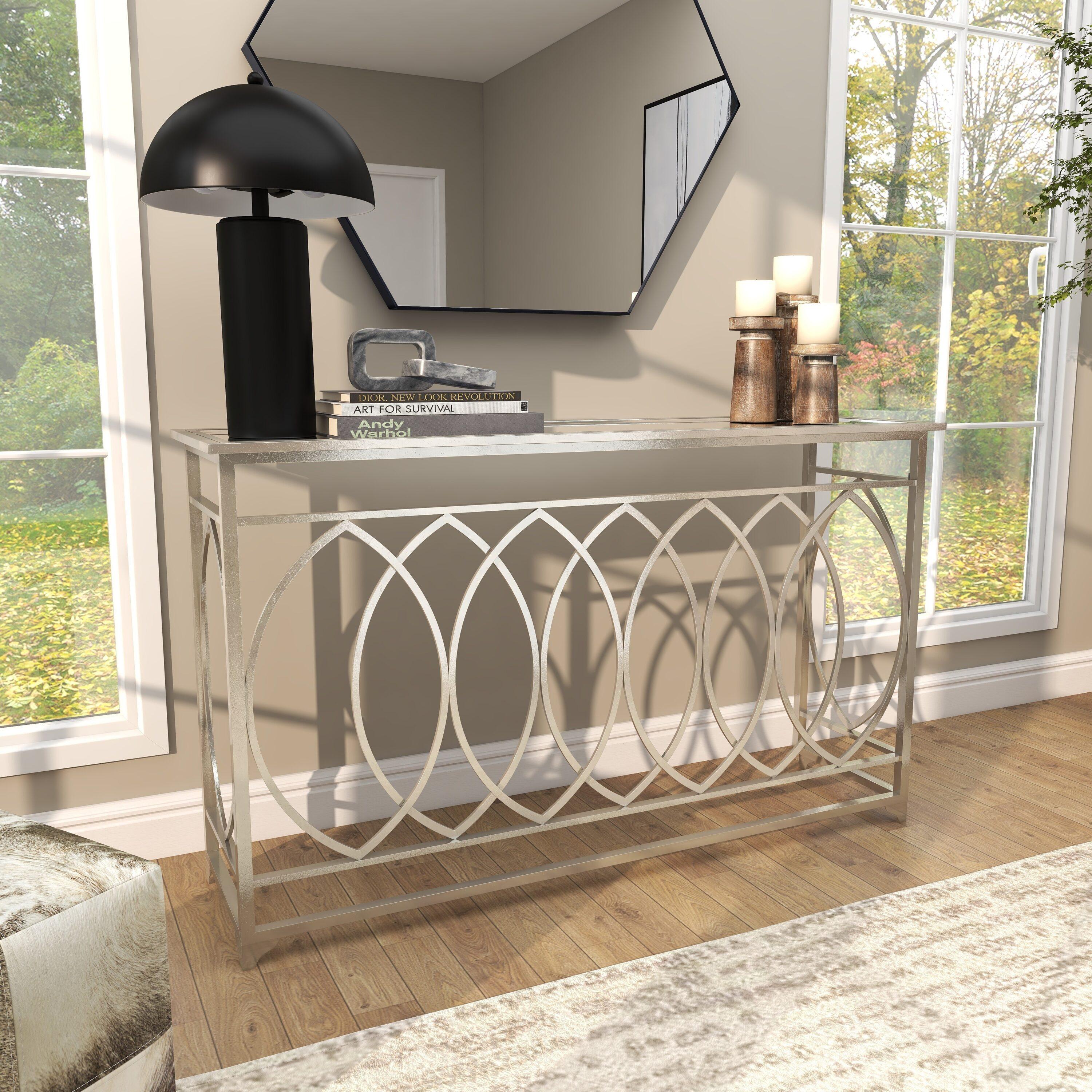 Metal Geometric Living Room Console Table with Mirrored Glass Top