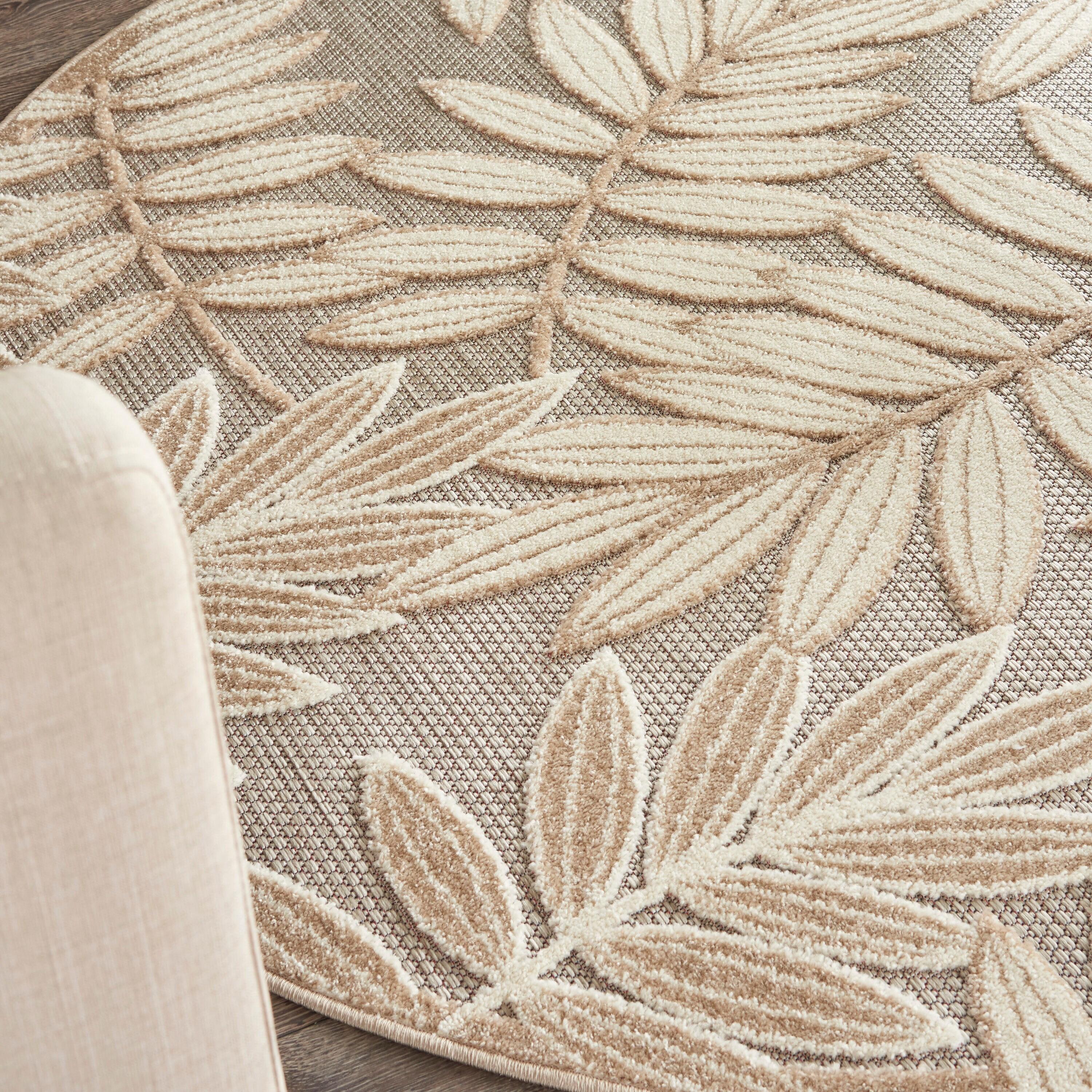 Nourison Aloha Floral Leaf Flatweave High-Low Indoor Outdoor Round Rug Natural 5'3" x 5'3"