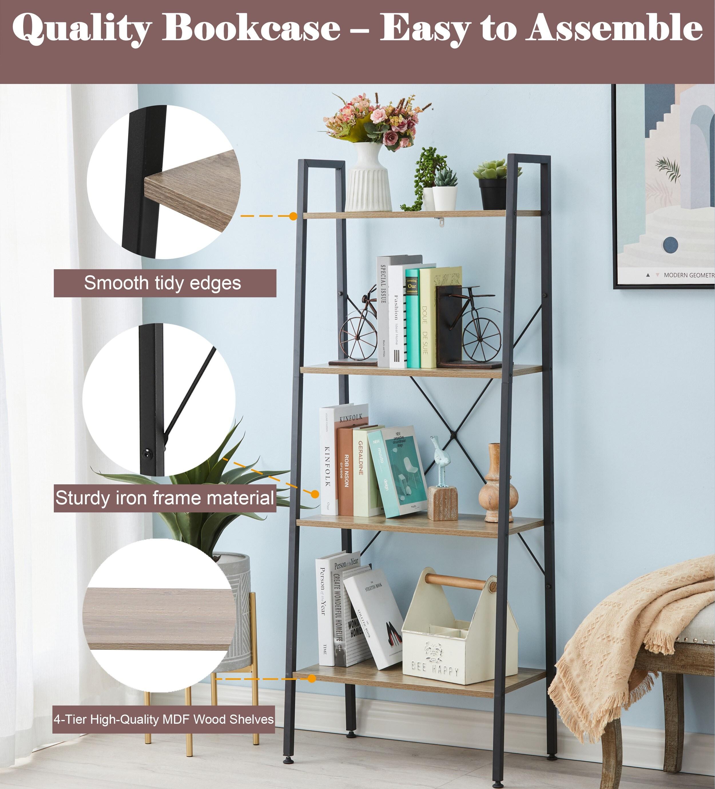 LuxenHome 4-Shelf 58.3" x 23.62" W Wood and Metal Ladder Bookcase. Brown