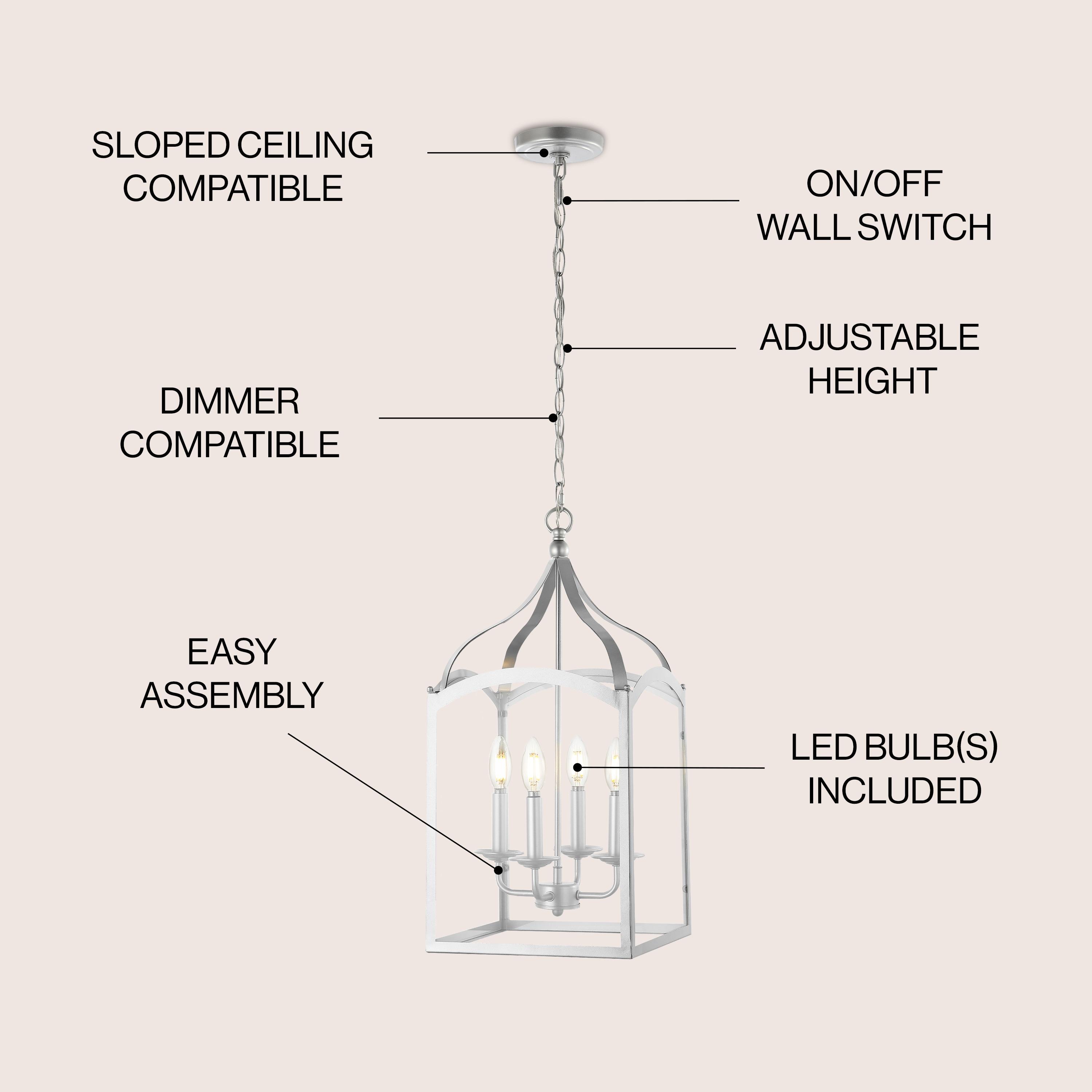 11" LED 4-light Ruth Classic Lantern Metal/Glass Pendant Silver - JONATHAN Y: ETL Listed, Adjustable Height