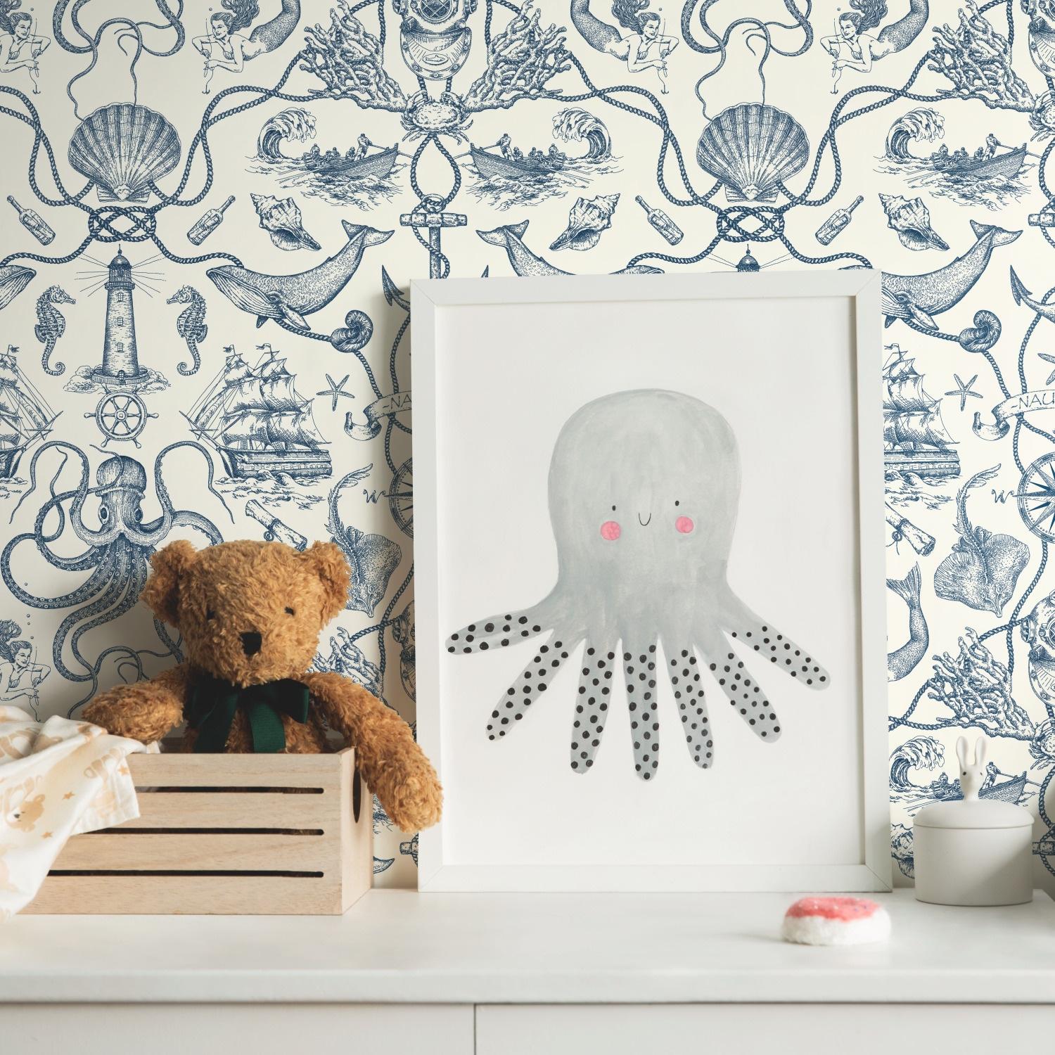 RoomMates Deep Sea Toile Blue Peel and Stick Wallpaper: Nautical Vinyl, Mermaid & Seahorses, Self-Adhesive, 28.18 Sq Ft Coverage