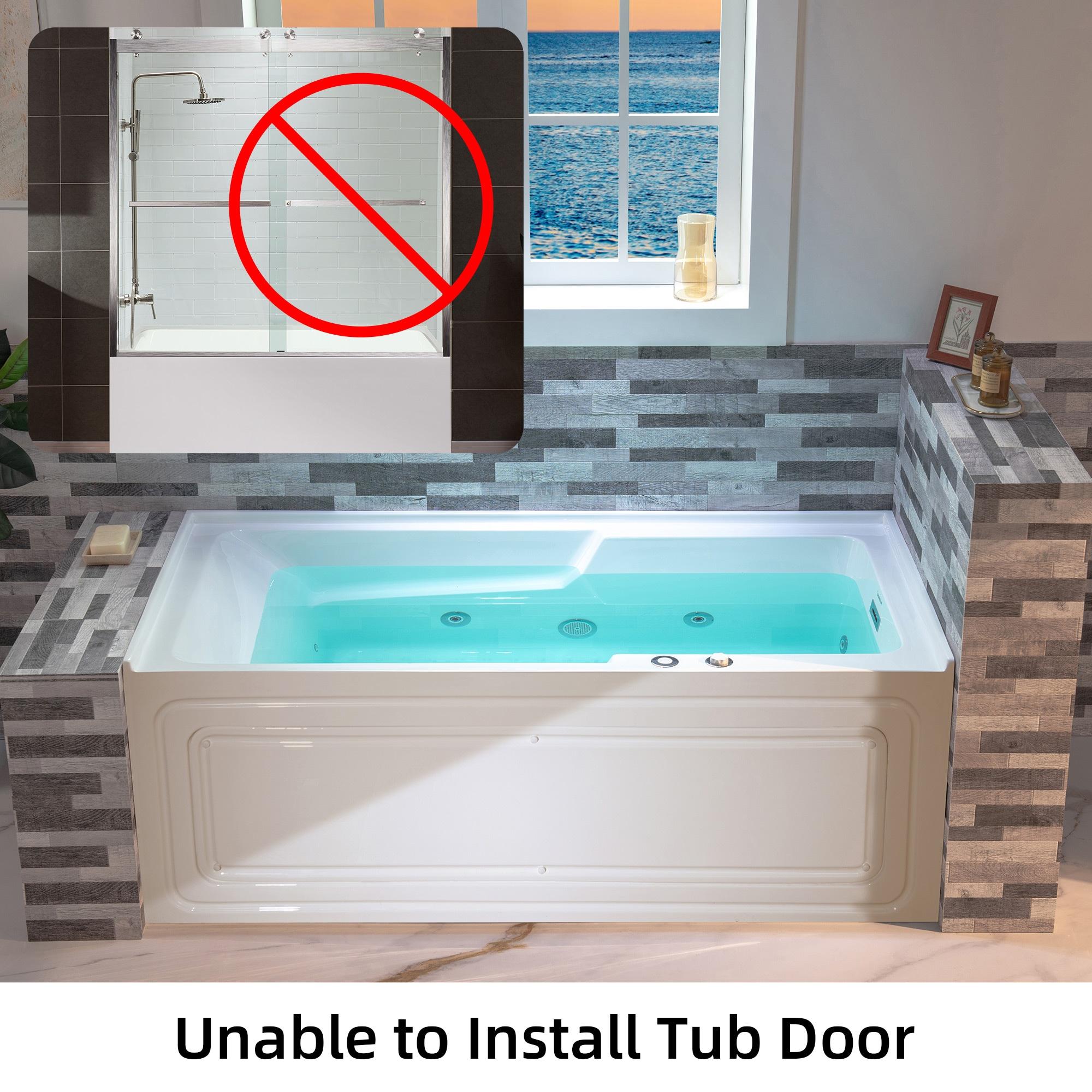 60" x 30" Whirlpool Heated Rectangular Alcove Acrylic Bathtub with Chrome/Matte Black Drain and Overflow