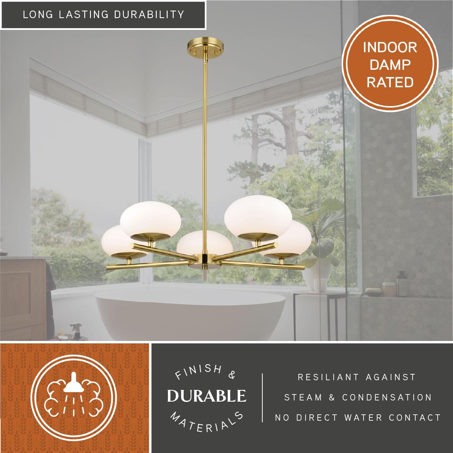 VAXCEL Sloane 5 Light LED Gold Satin Brass Mid-Century Modern Chandelier with White Glass Globes