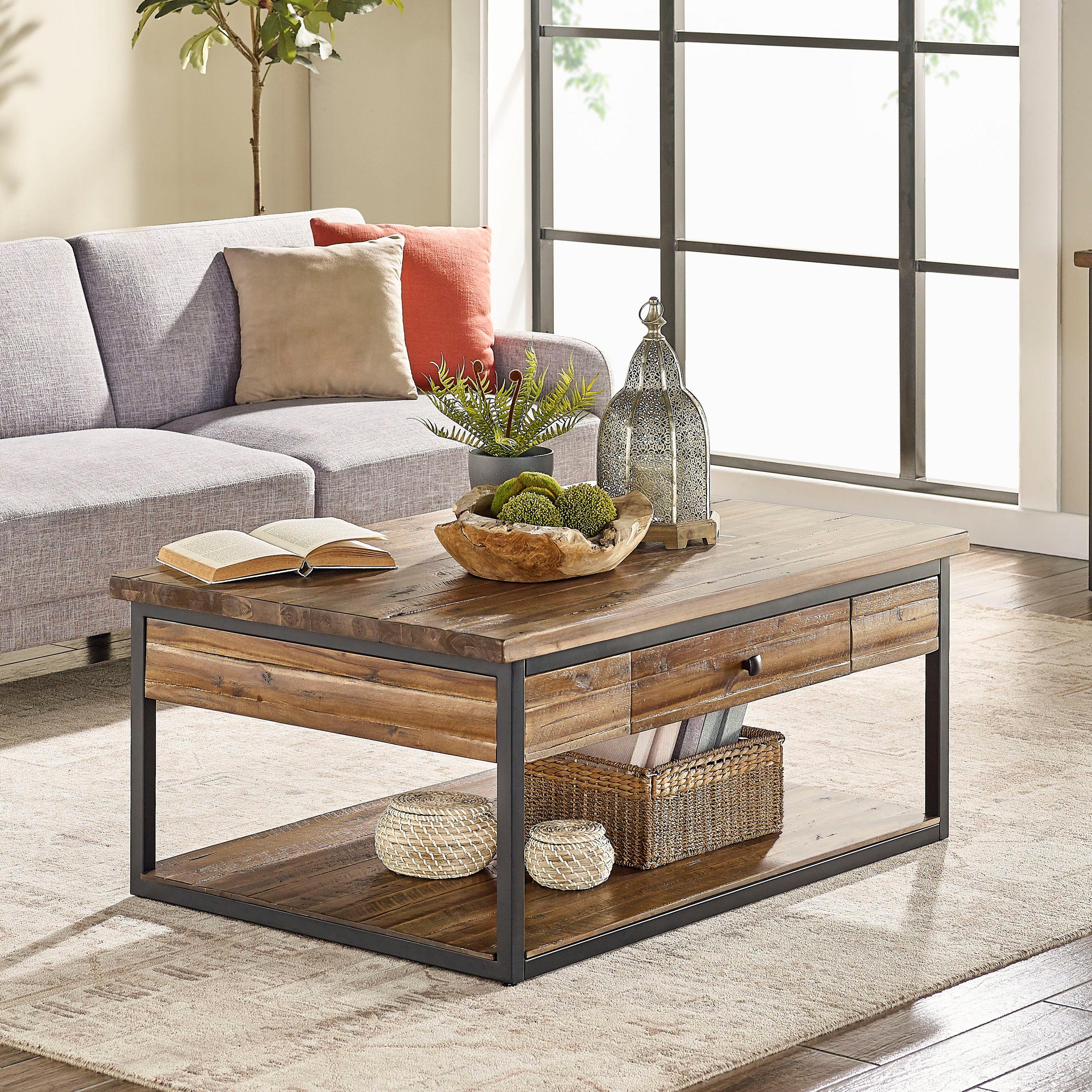 Alaterre Claremont 48"L Rustic Wood Coffee Table with Drawer and Low Shelf