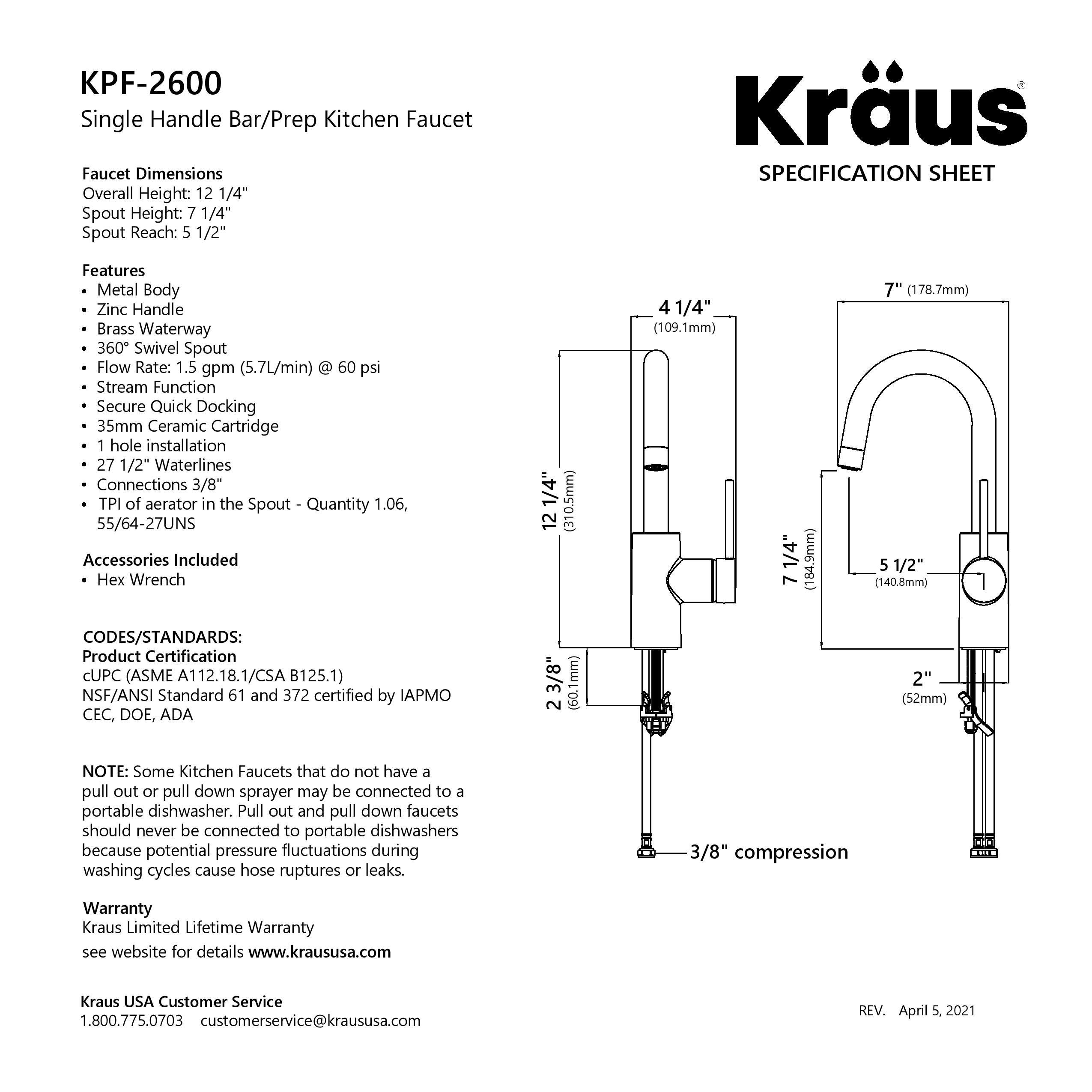 Kraus Oletto™ Single Handle Kitchen Bar Faucet KPF-2600SFACB