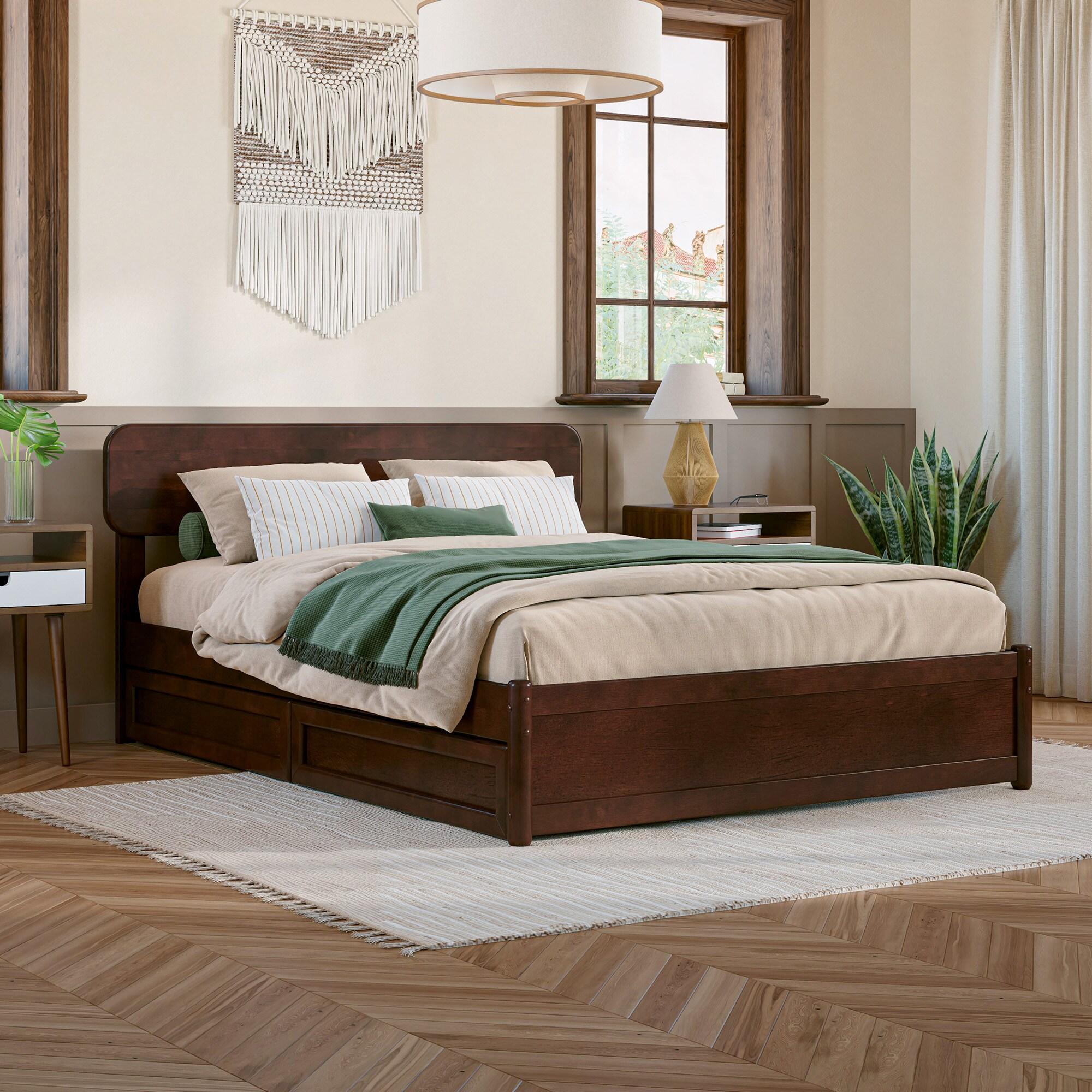 AFI Capri Full Solid Wood Platform Bed with Panel Footboard and Storage Drawers, Walnut