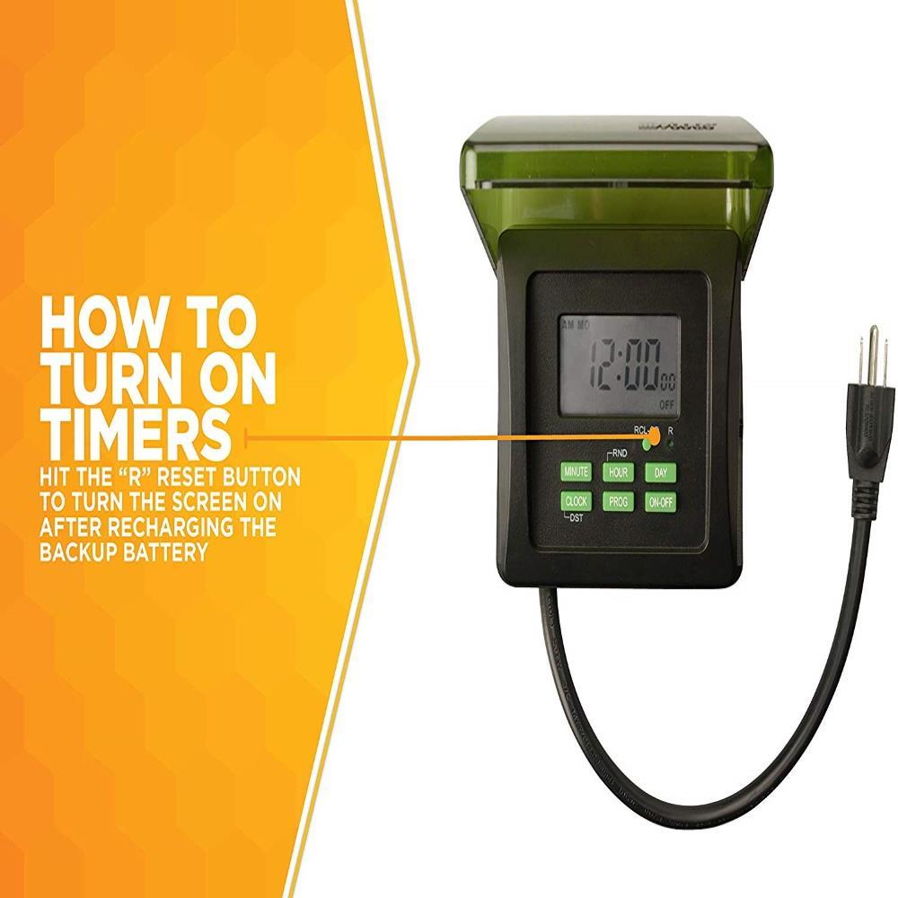 Woods 50015WD Outdoor 7-Day Heavy Duty Digital Plug-in Timer, 2 Grounded Outlets, Weatherproof, Perfect for Automating Holiday/Christmas Lights, Energy Saving Precision Programming, Black & Green