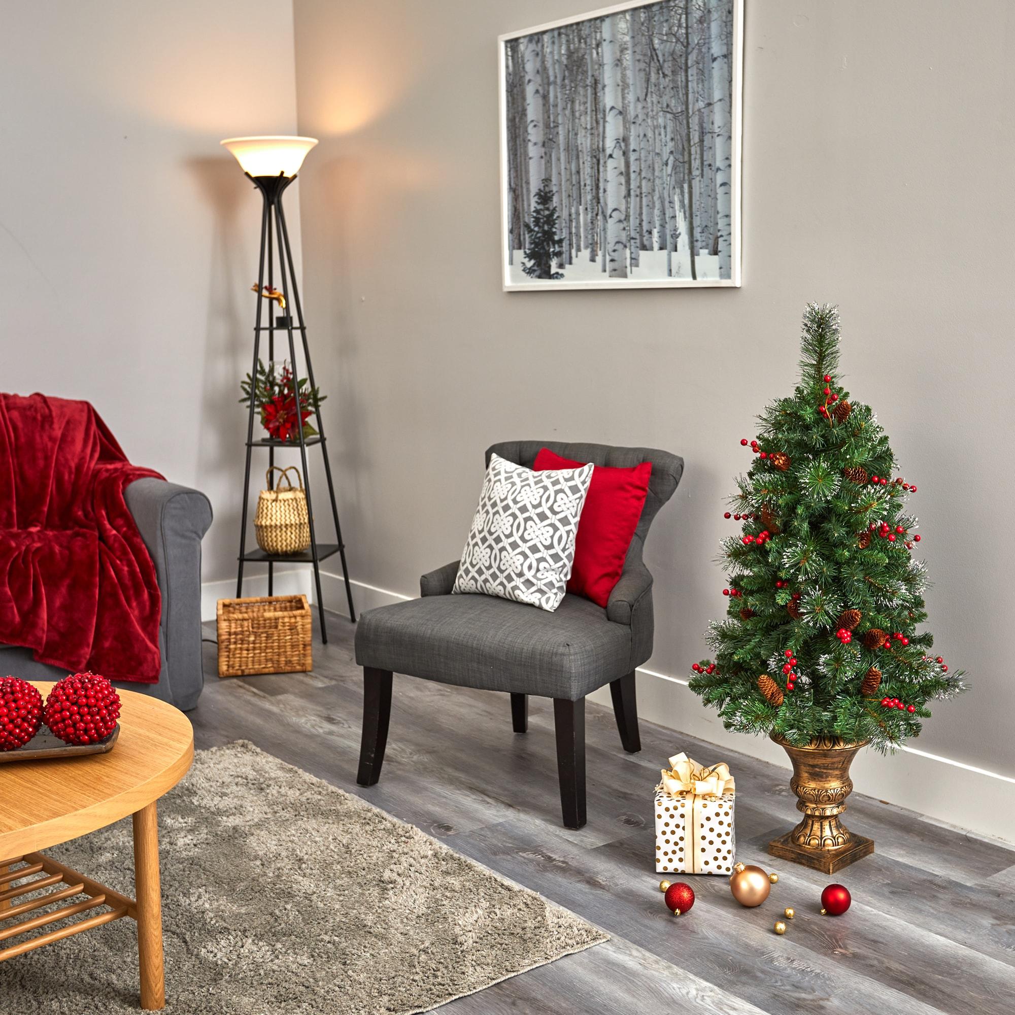 Nearly Natural 4-ft Pine, Pinecone and Berries Artificial Christmas Tree with 100 Clear LED Lights in Decorative Urn