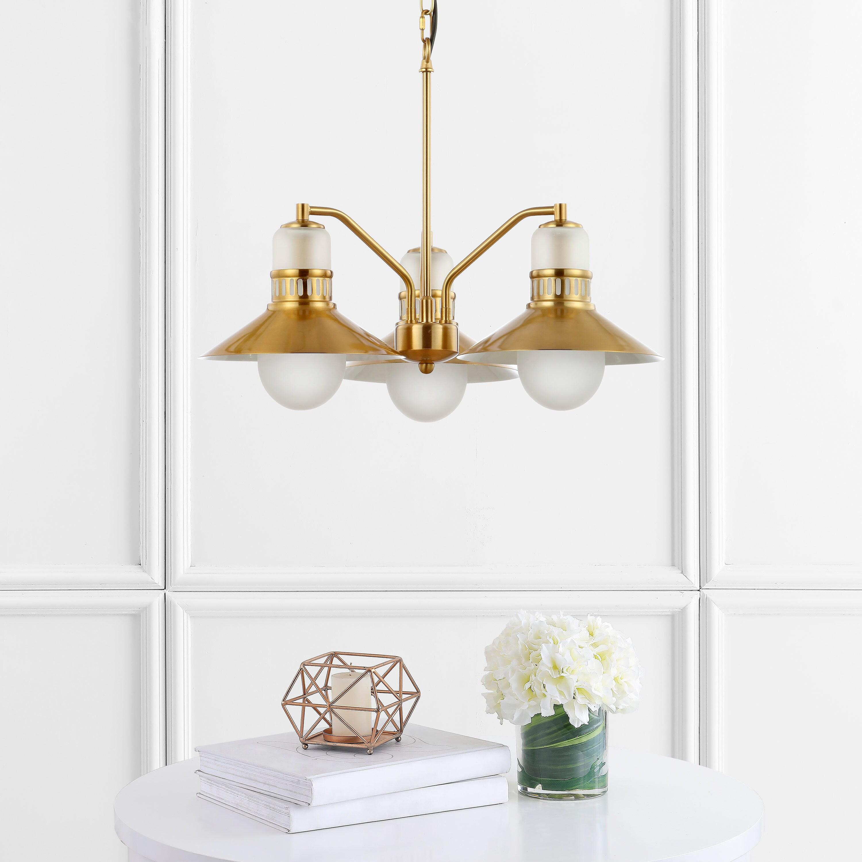 JONATHAN Y JYL6122A Colin 3-Light 22" Adjustable Iron/Glass Retro Hurricane LED Chandelier, Contemporary, Glam for living room, dinning room, bedroom, office Bulb Included, Brass Gold