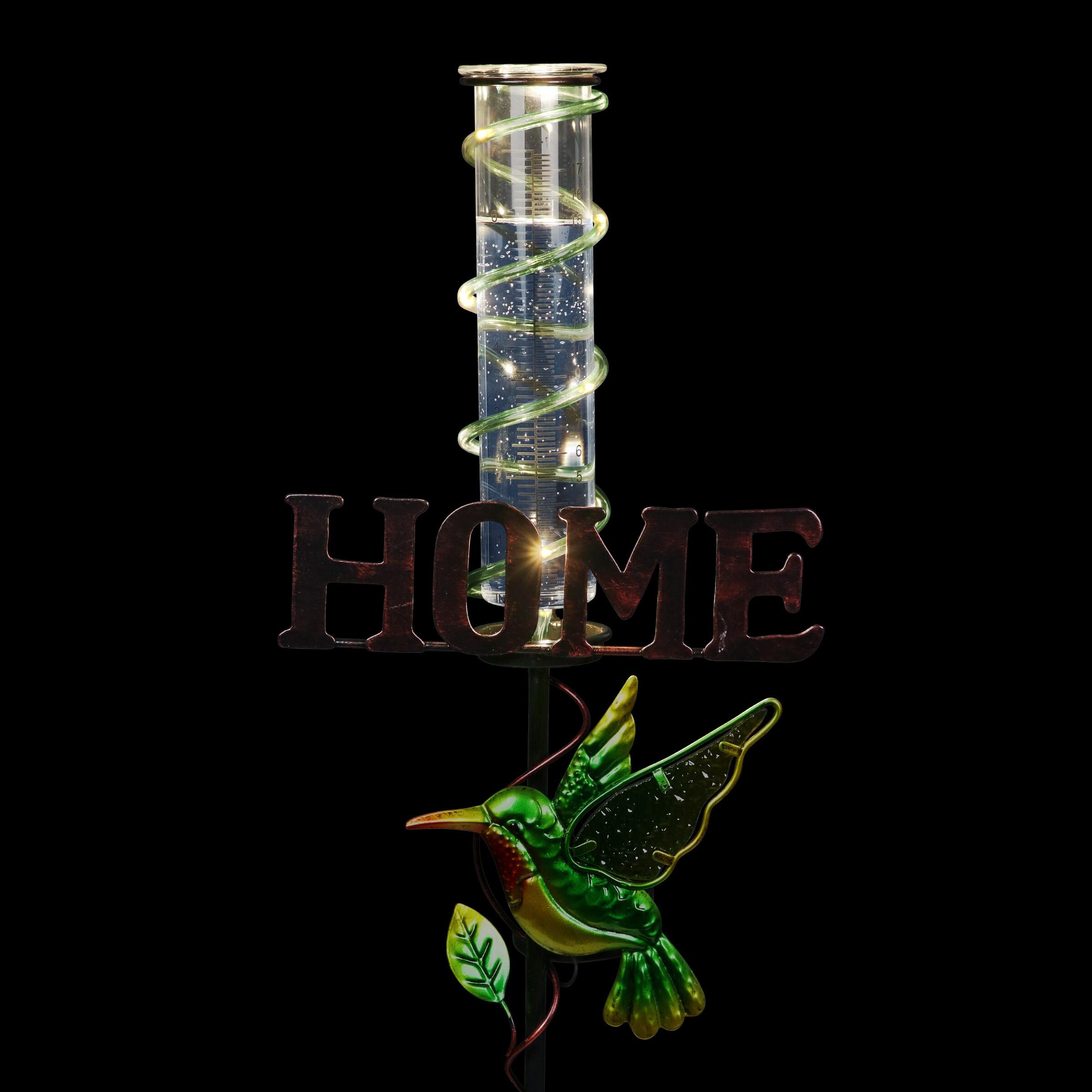 Exhart Solar Hummingbird Rain Gauge Garden Stake Reads HOME, 12.5 by 31.5 Inches