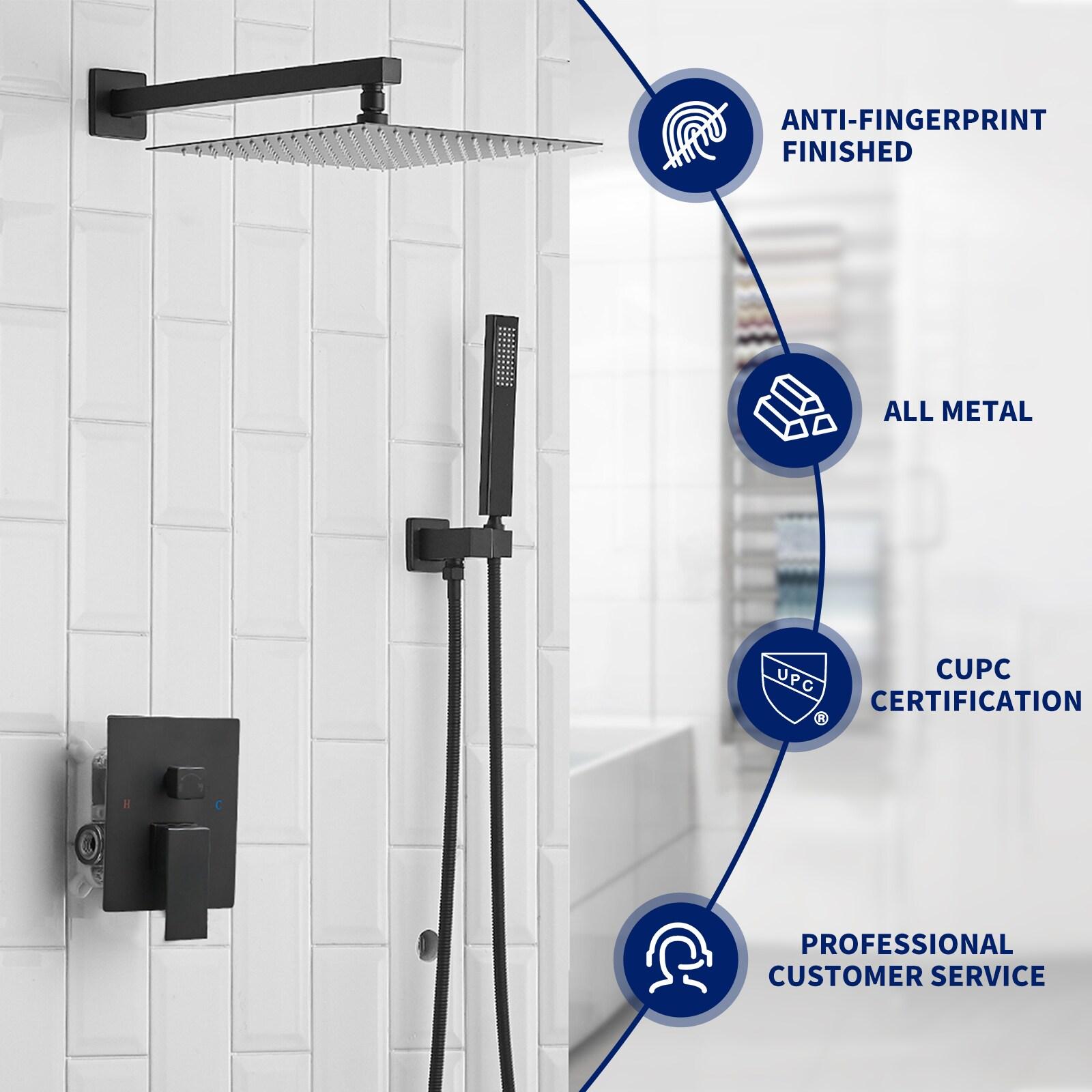 BWE Black Shower Faucet 12 Inch Square Luxury Rain Mixer Shower System Sets Complete 2-Functions Pressure Balancing Wall Mount Rainfall Rough-in Valve Body and Trim Included