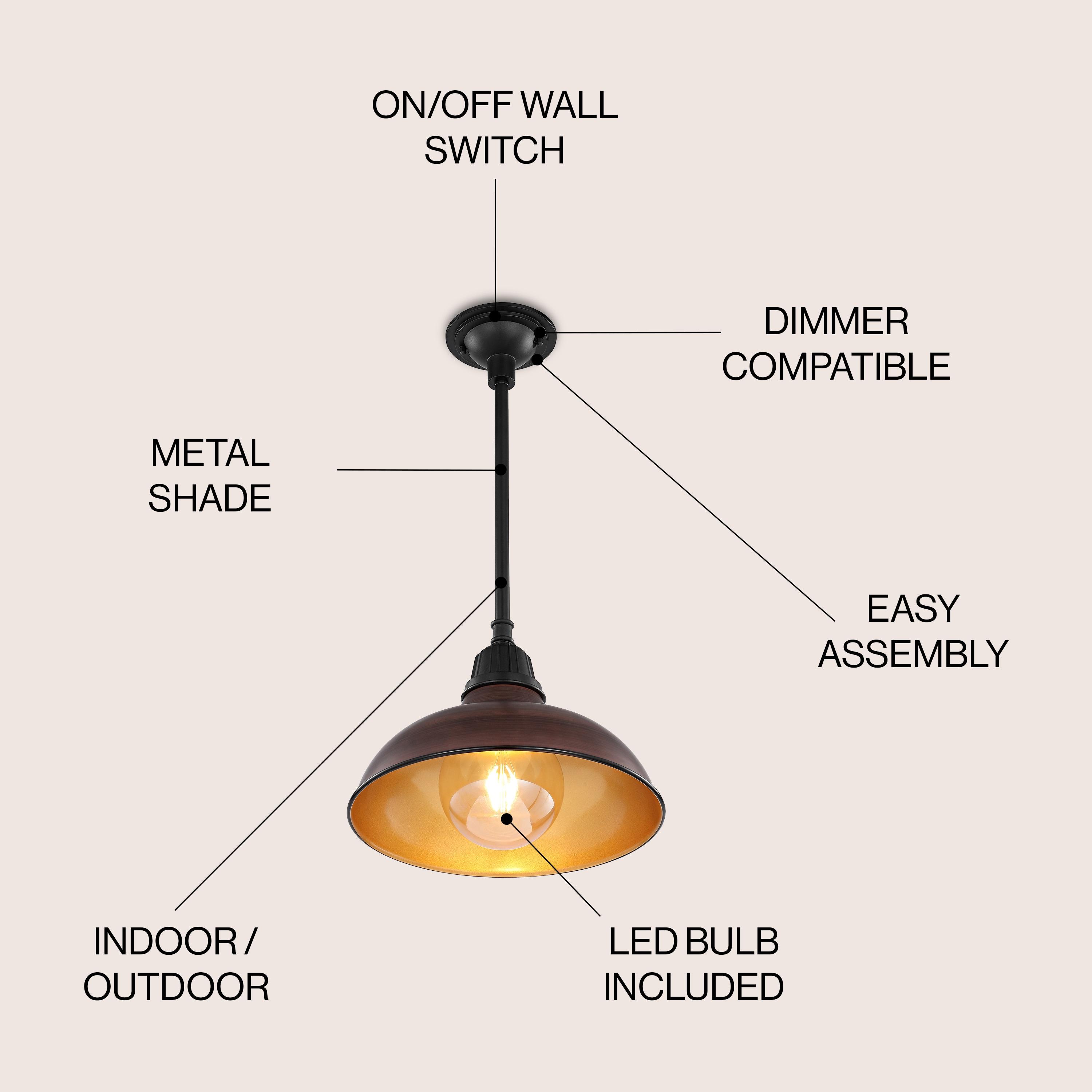 Jasper 12.25" 1-Light Farmhouse Industrial Indoor/Outdoor Iron LED Pendant, Wood Finish/Copper