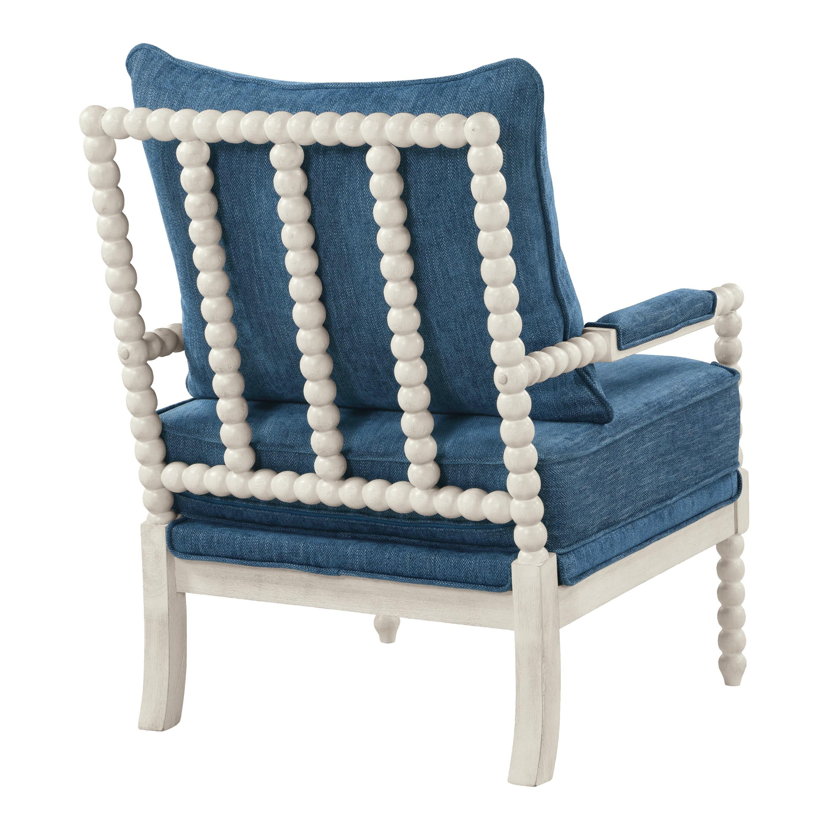 OSP Home Furnishings Kaylee Spindle Accent Chair with Antique White Wood Frame, Navy Blue Fabric