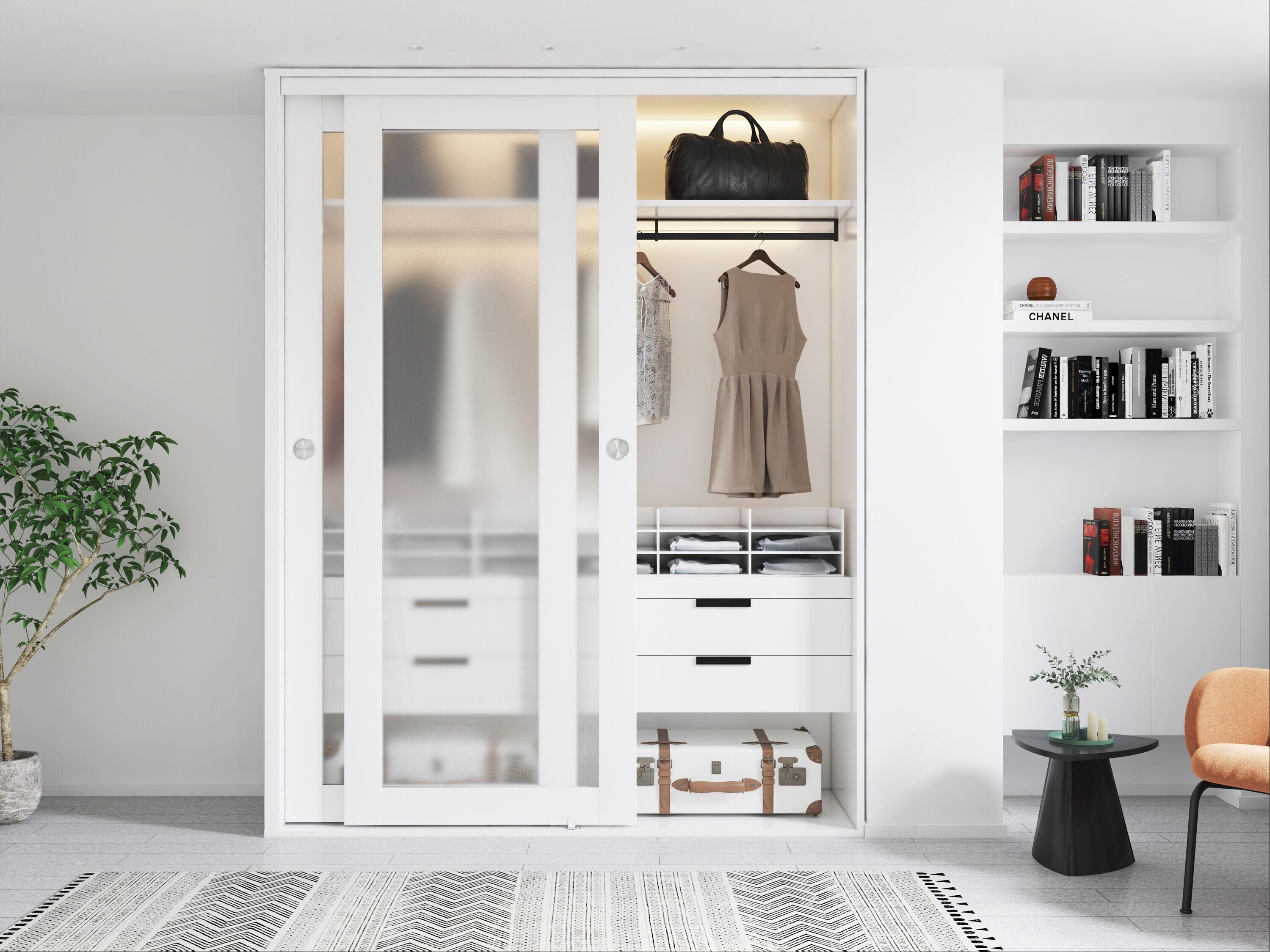 Calhome 1-Lite Frosted Tempered Glass Sliding Double Bypass Closet Door with Installation Hardware Kit